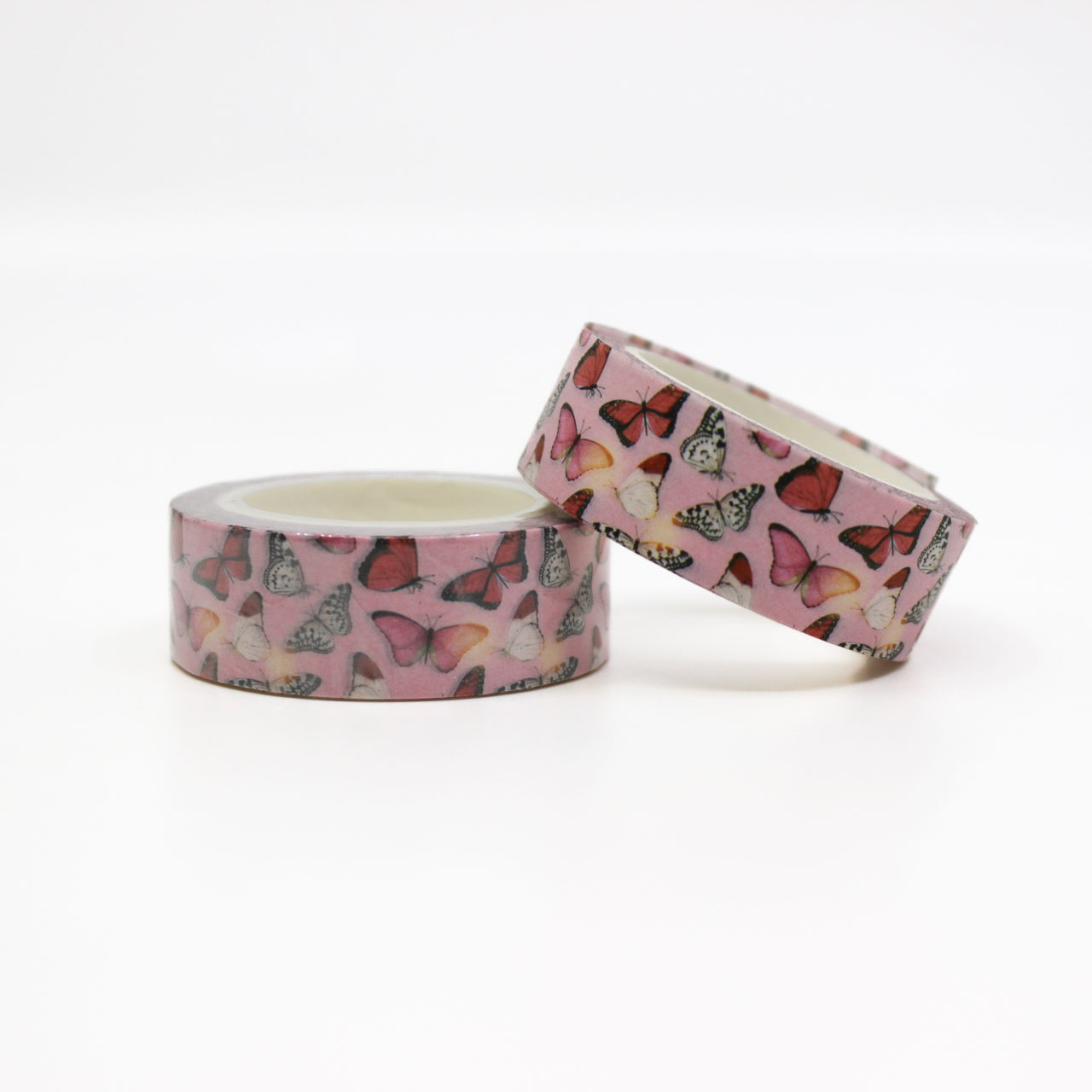 This bright and colorful washi tape features delicate pink butterflies, perfect for adding a whimsical and feminine touch to your crafts and journals. This tape is sold at BBB Supplies Craft Shop.