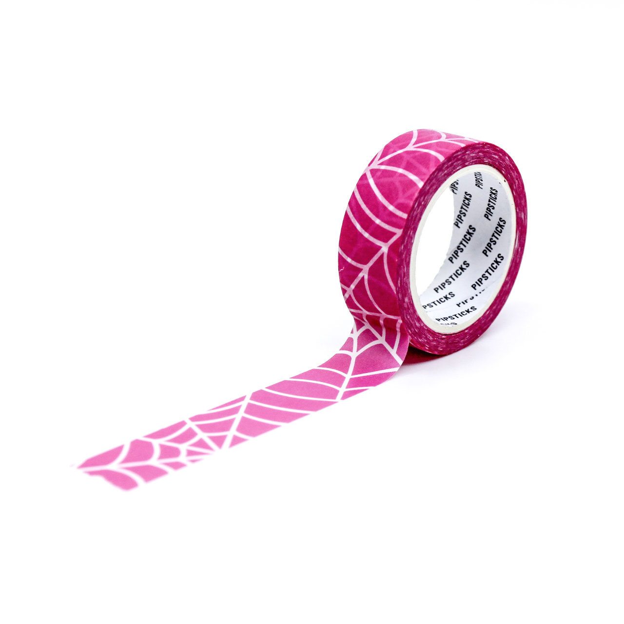 Pink Tangled Web Washi Tape with black spider webs on a soft pink background, perfect for Halloween crafts, planners, and spooky-themed decor.