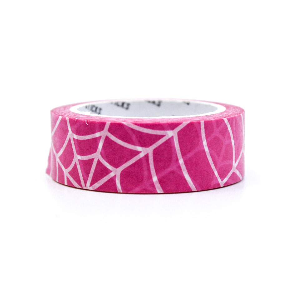 Pink Tangled Web Washi Tape with black spider webs on a soft pink background, perfect for Halloween crafts, planners, and spooky-themed decor.