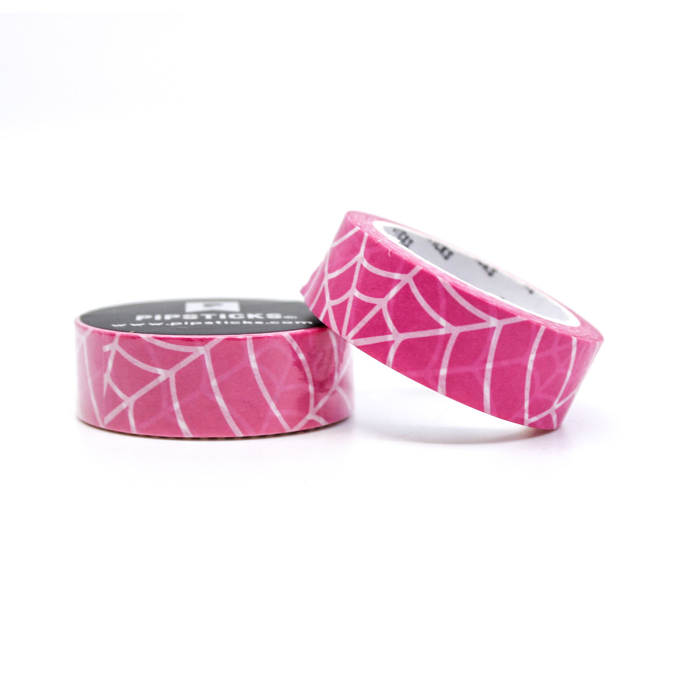 Pink Tangled Web Washi Tape with black spider webs on a soft pink background, perfect for Halloween crafts, planners, and spooky-themed decor.