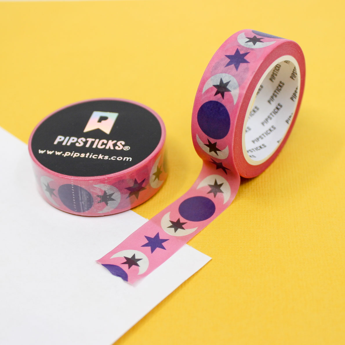 Pink and purple moon and star tape featuring celestial designs, perfect for decorating planners, journals, scrapbooks, and crafts with a magical touch.