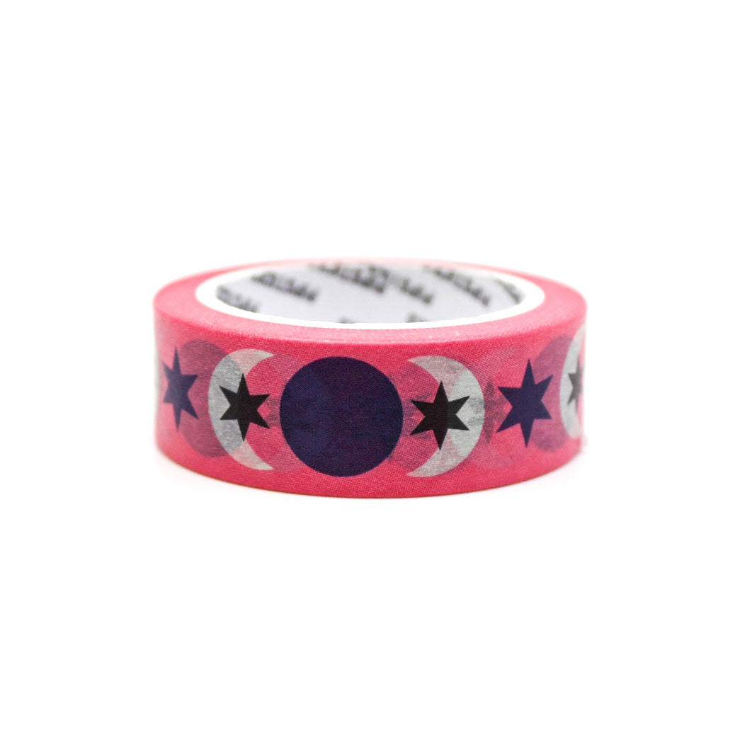 Pink and purple moon and star tape featuring celestial designs, perfect for decorating planners, journals, scrapbooks, and crafts with a magical touch.