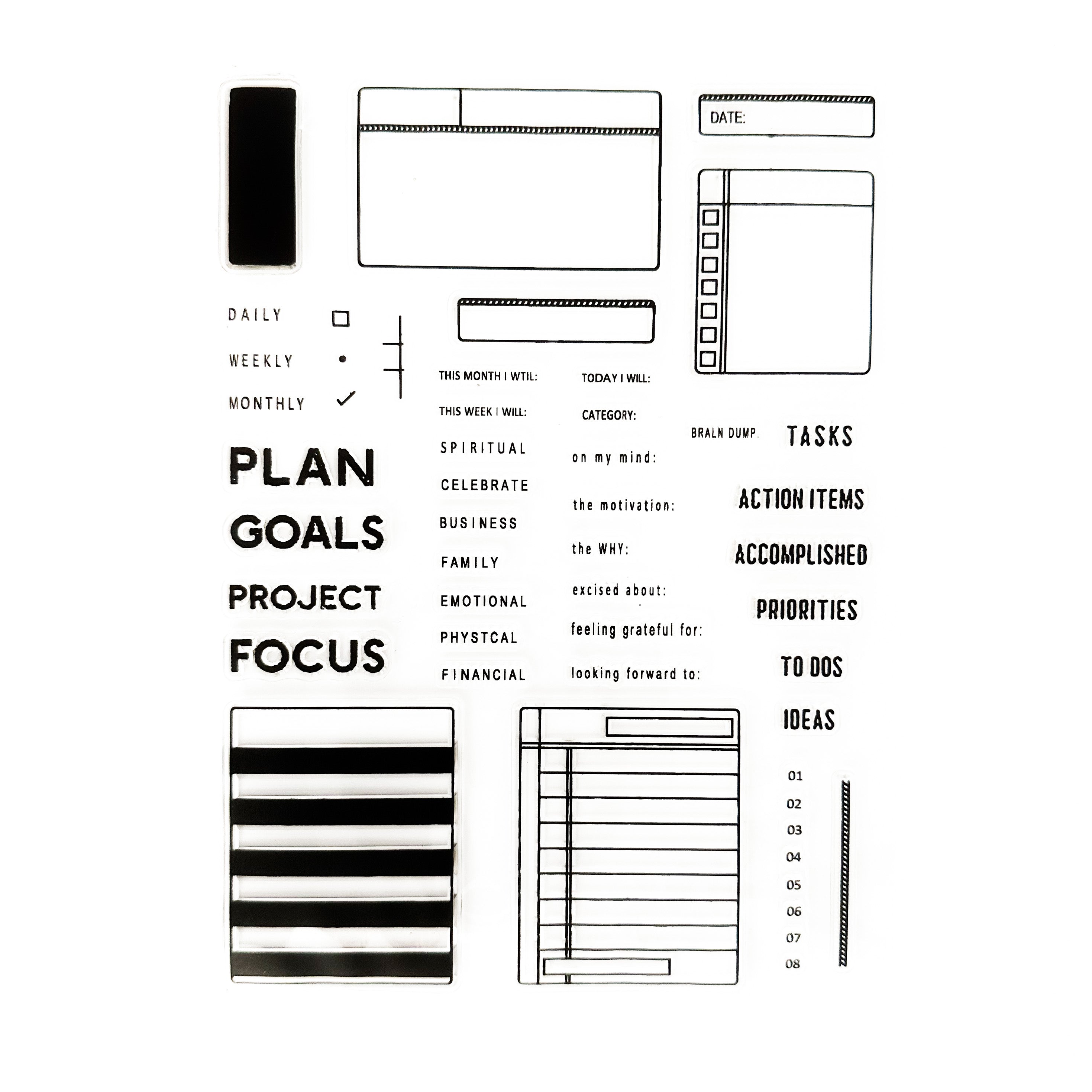 Stay organized and motivated with these versatile stamps. Perfect for bullet journaling, planners, or scrapbooking, these stamps feature essential headings to help you outline your tasks, plans, and goals. Keep track of your progress and stay focused on achieving your objectives with these functional and stylish stamps. These stamps are sold at BBB Supplies Craft Shop.