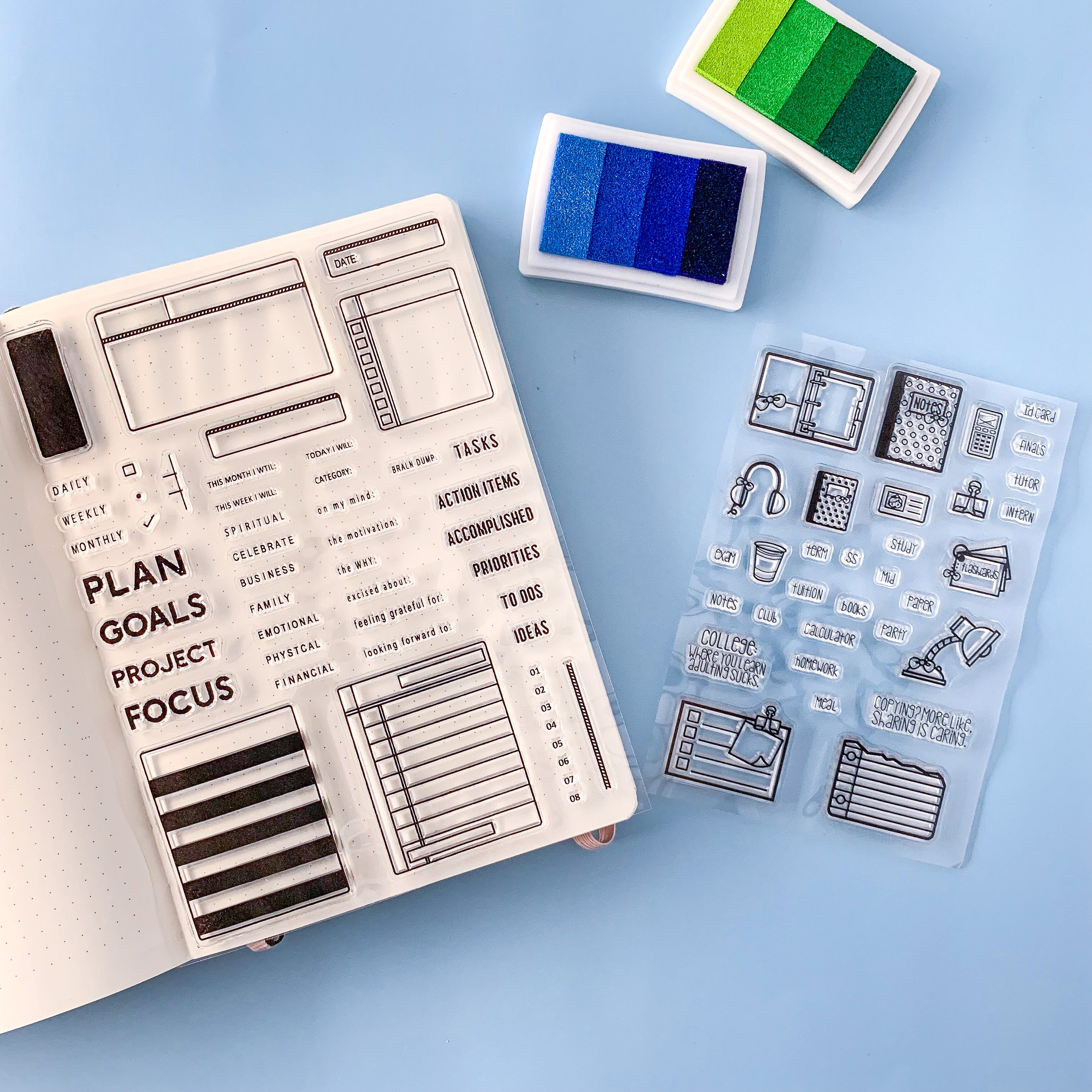 Get organized and stay on top of your college life with these handy stamps. From assignment due dates to exam schedules, these stamps are designed to help you keep track of your academic responsibilities. Whether you're a student or a professor, these stamps are a must-have for your planner or bullet journal. These stamps are sold at BBB Supplies Craft Shop.