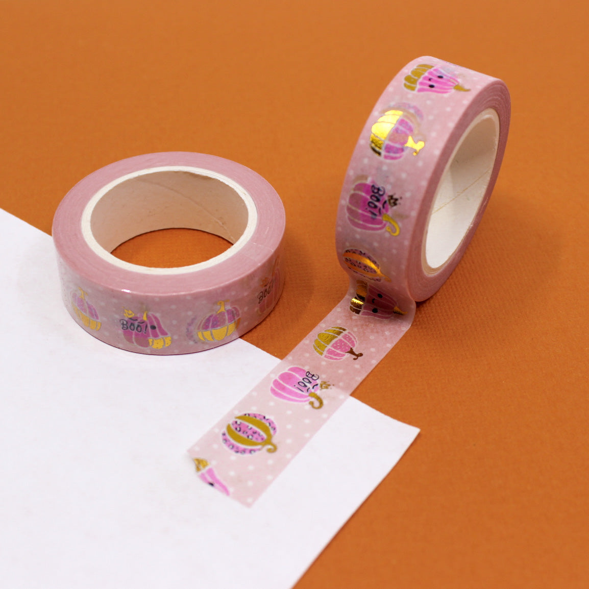 This elegant washi tape combines pink hues with gold foil accents, featuring charming pumpkins that add a touch of sophistication to your fall-themed crafts. This tape is sold at BBB Supplies Craft Shop.