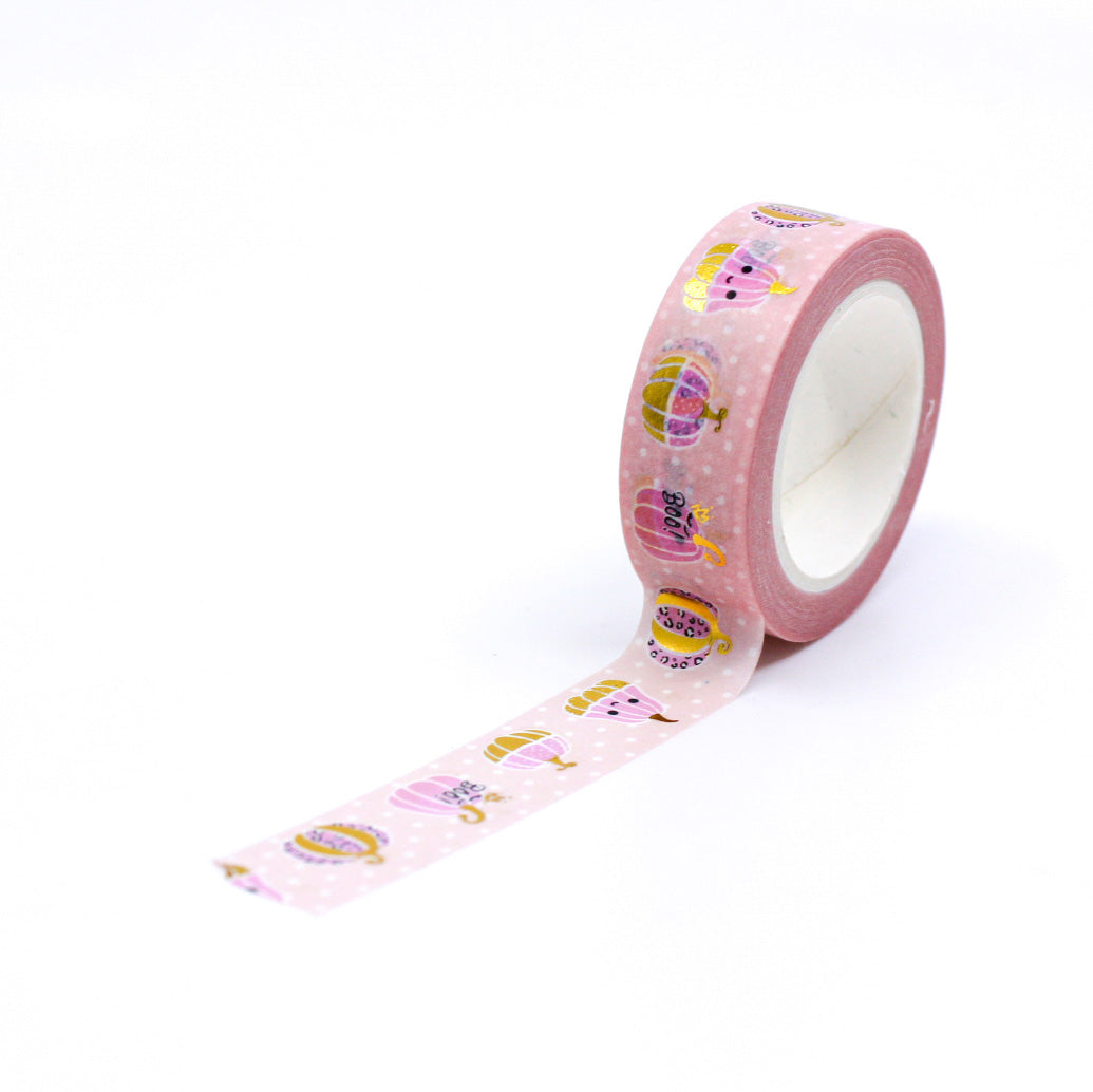 This elegant washi tape combines pink hues with gold foil accents, featuring charming pumpkins that add a touch of sophistication to your fall-themed crafts. This tape is sold at BBB Supplies Craft Shop.