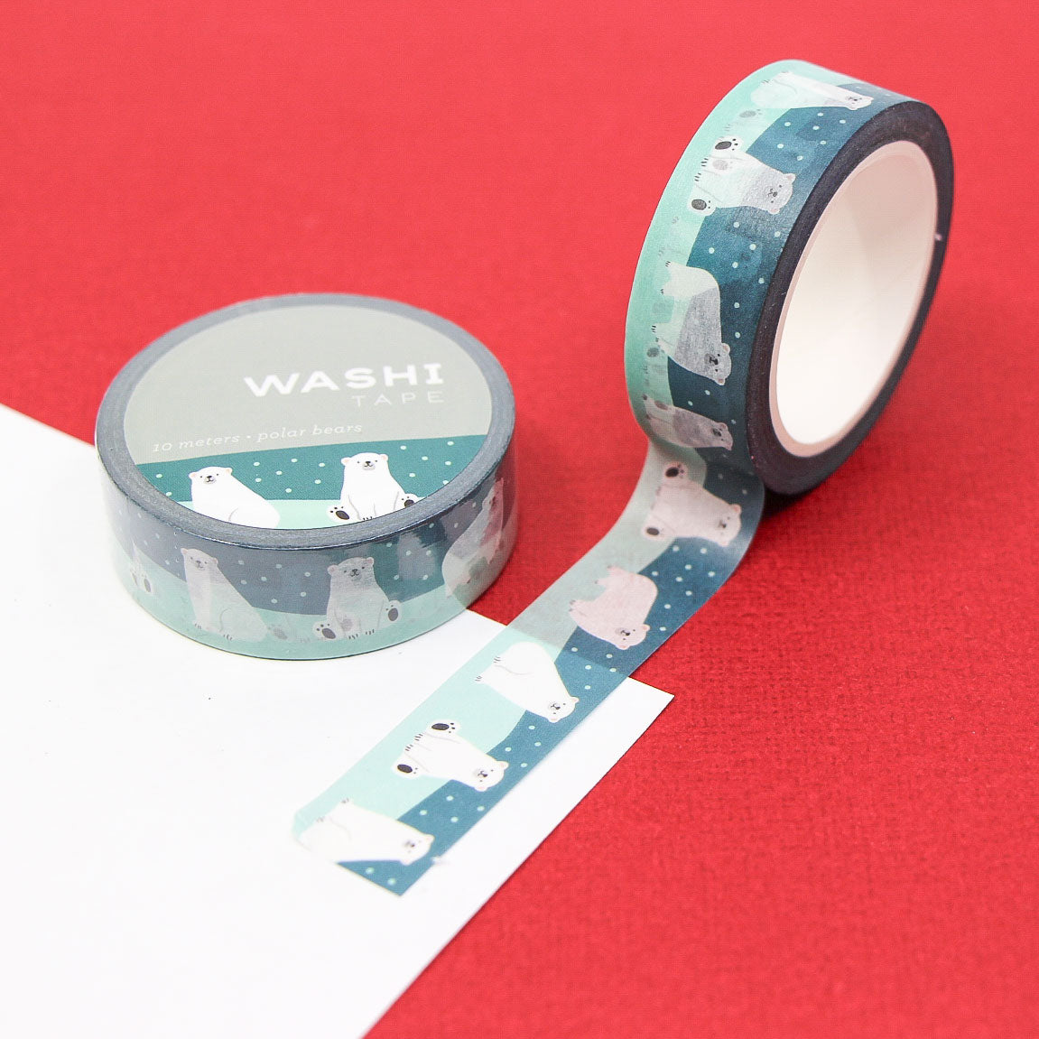 Polar Bears Washi Tape featuring cute white bears on a snowy teal background.