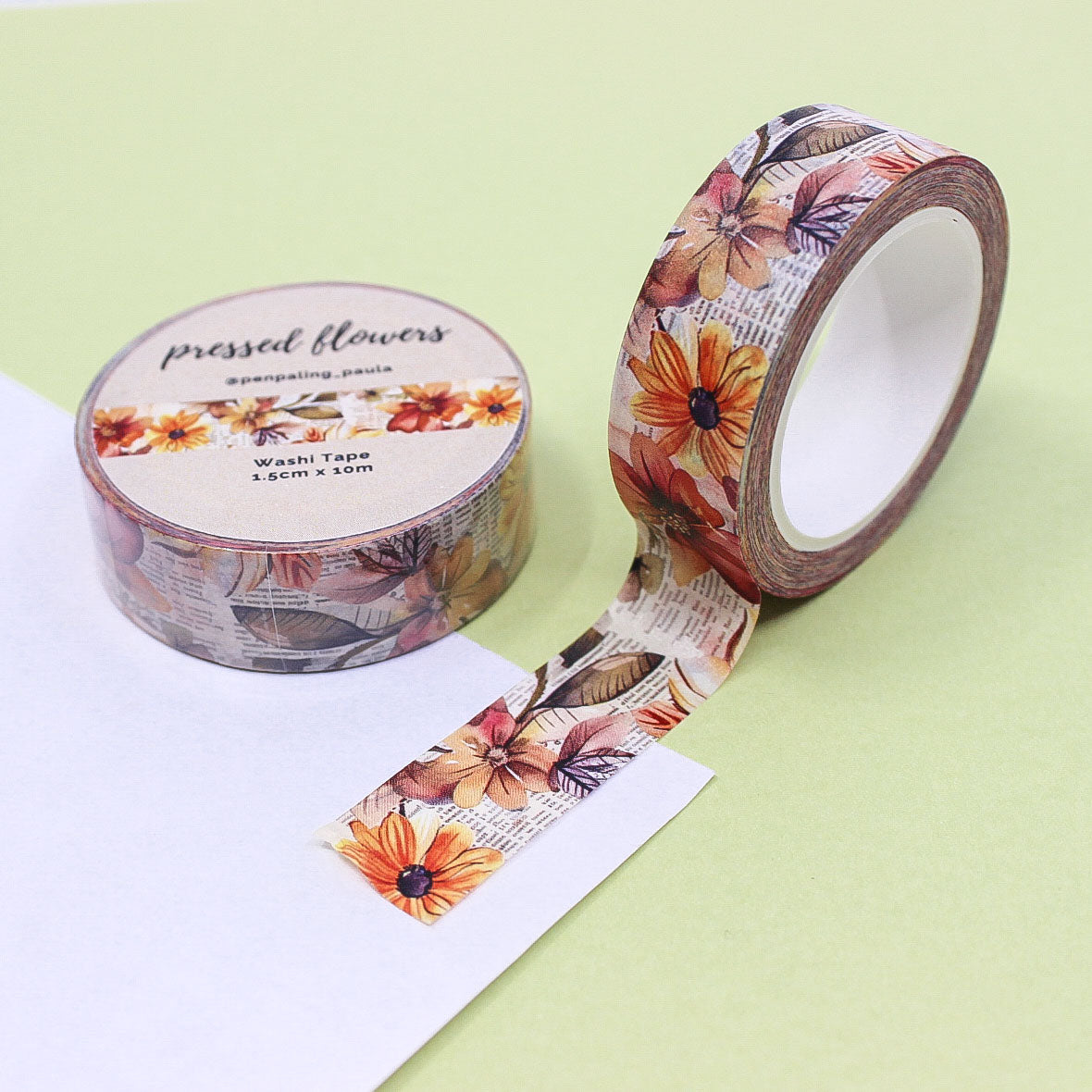 Autumn Pressed Sunflower Floral Washi Tape with vibrant sunflower and fall leaf designs, ideal for seasonal decorations and crafts.