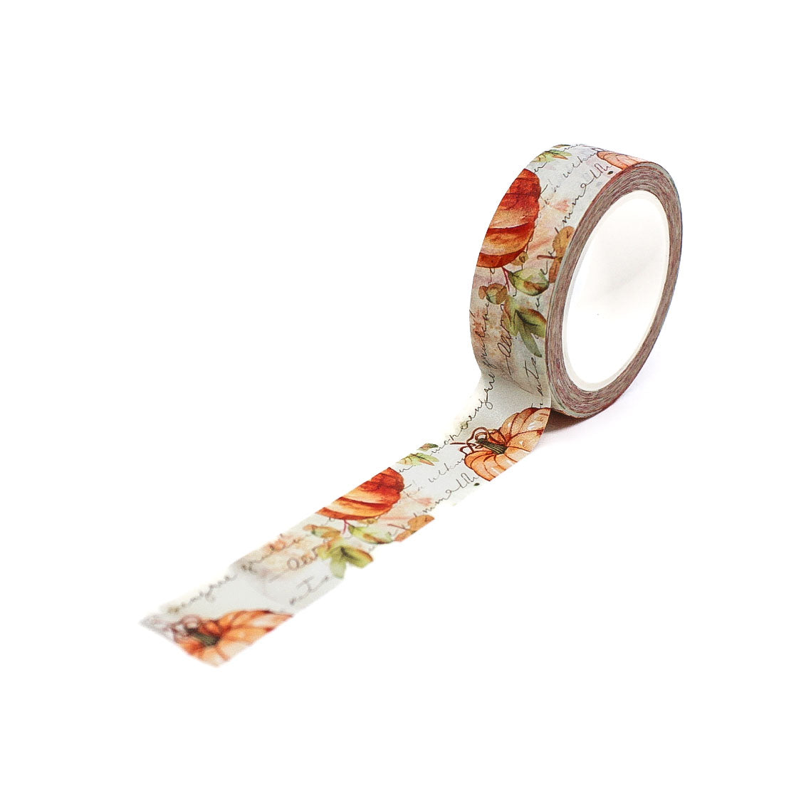 Washi tape featuring a pumpkin patch design over a cursive journaling background, with warm orange and cream autumn tones.