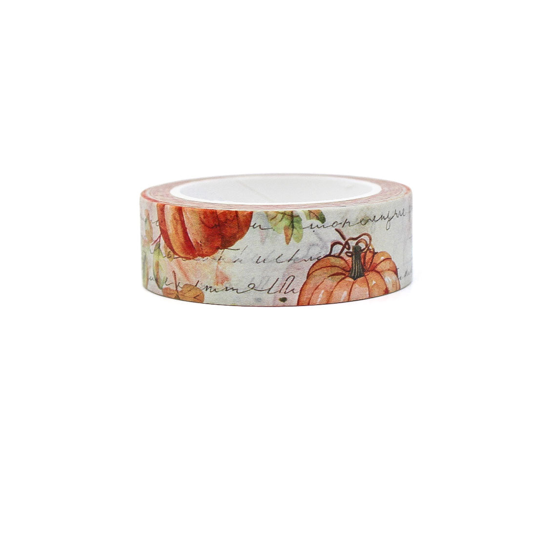 Washi tape featuring a pumpkin patch design over a cursive journaling background, with warm orange and cream autumn tones.