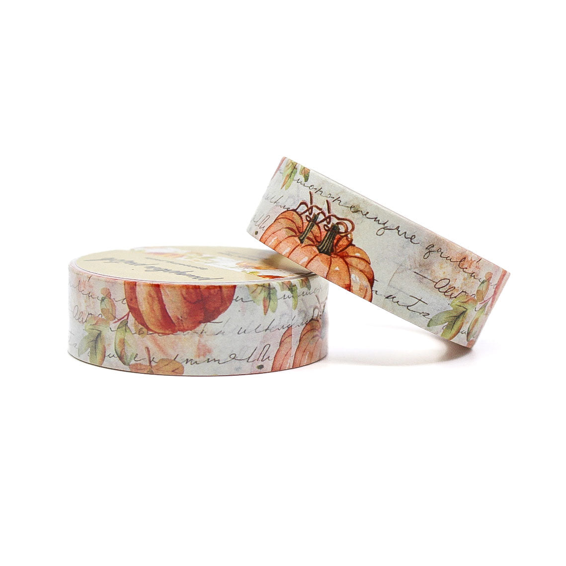 Washi tape featuring a pumpkin patch design over a cursive journaling background, with warm orange and cream autumn tones.