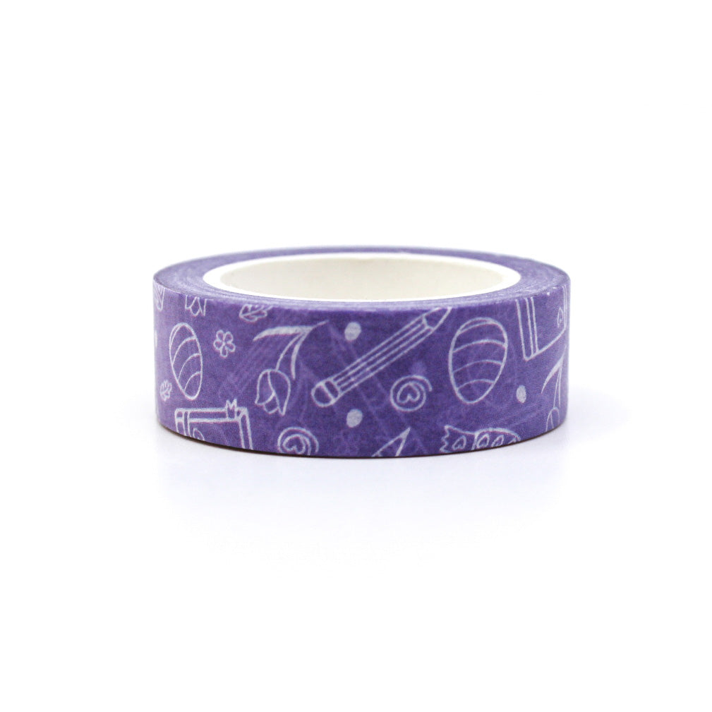 Purple Spring Planner Objects Washi Tape: This washi tape features various spring-themed planner objects in shades of purple, perfect for adding a touch of spring to your planner or journal. This tape is sold at BBB Supplies Craft Shop.
