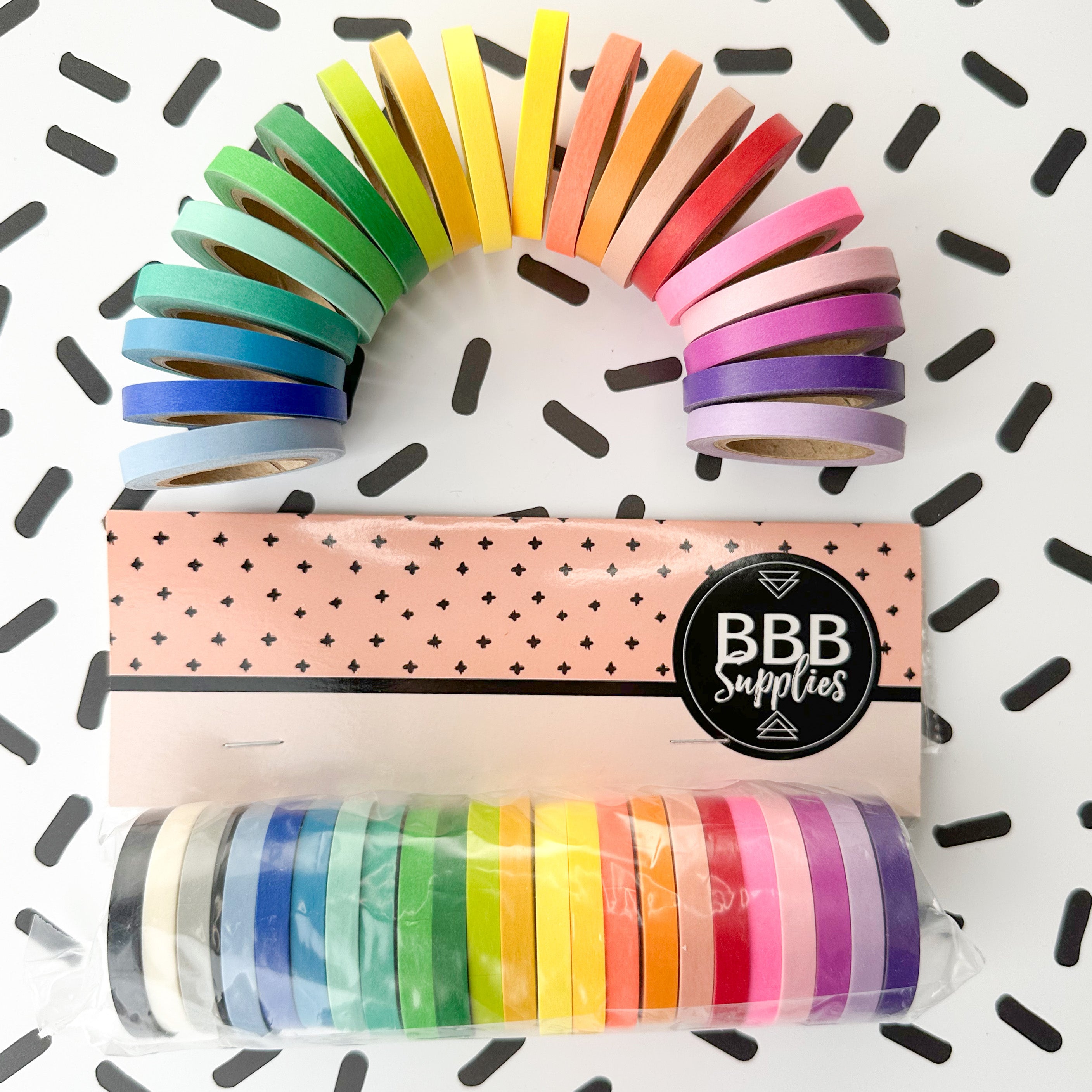 Add a pop of vibrant color to your crafts with our set of 23 rainbow-colored narrow solid color washi tapes, perfect for adding accents and borders to your projects. This set is sold only at BBB Supplies Craft Shop.