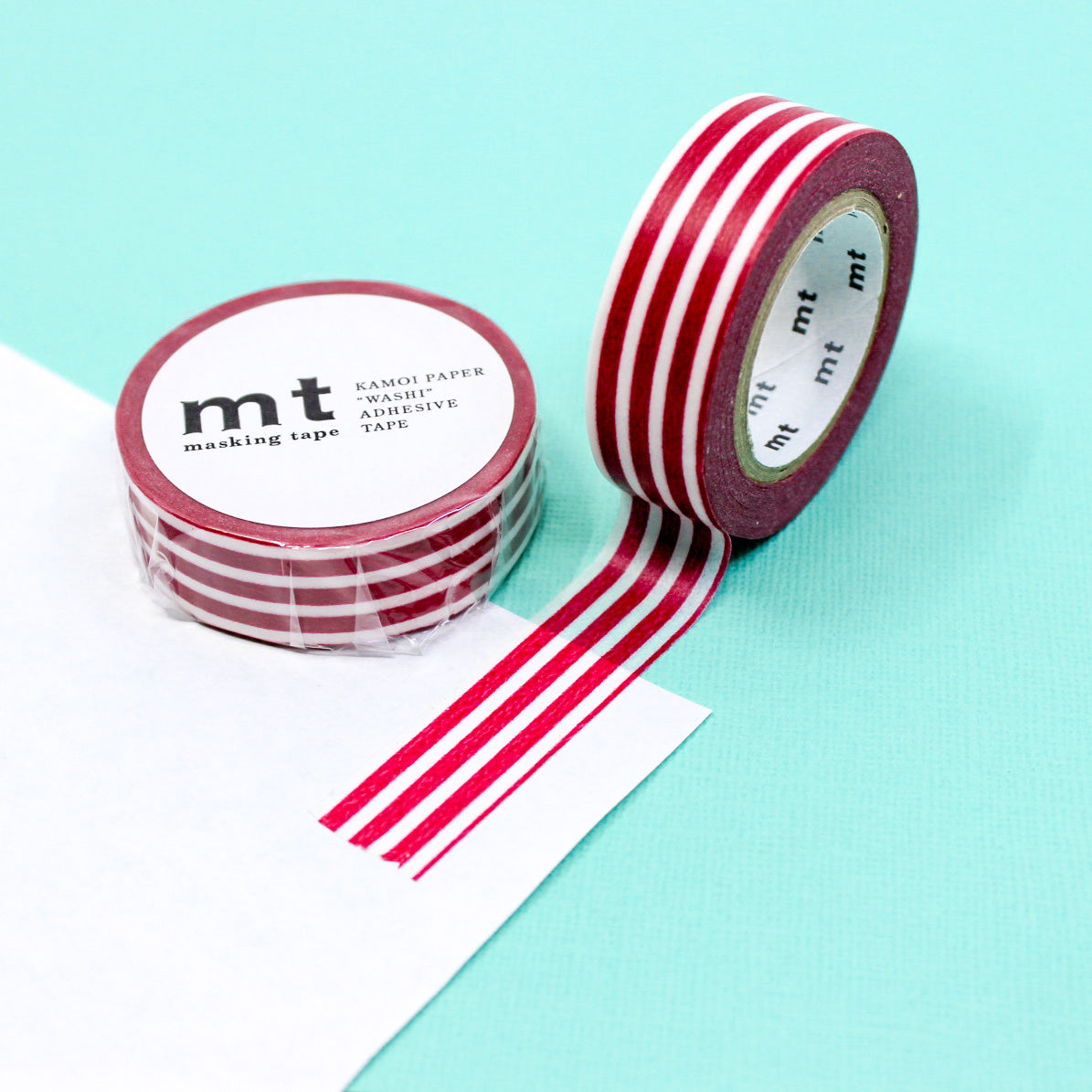 Enhance your crafts with our thicker line horizontal stripe washi tape, featuring bold and stylish stripes in a variety of colors, perfect for adding a dynamic and vibrant element to your projects. This Red Stripe tape is from MT Brand Masking Tape and sold at BBB Supplies Craft Shop.