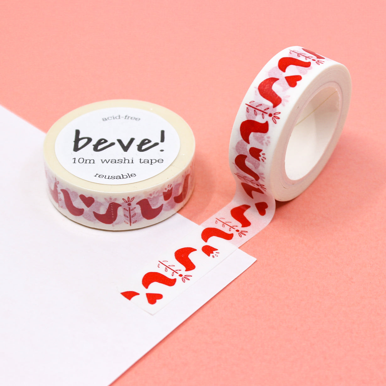 Enhance your crafts with our Red Modern Folk Bird Washi Tape, showcasing contemporary folk art-inspired bird motifs in a striking red hue. A creative addition to your projects. This tape is from Beve and sold at BBB Supplies Craft Shop.