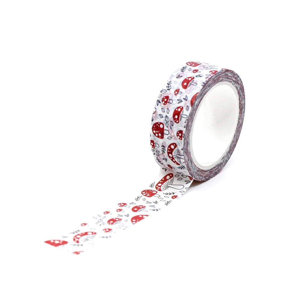 This playful washi tape features a fun pattern of red mushrooms, adding a whimsical touch to your crafting projects. Perfect for scrapbooking, journaling, or adding a pop of color to any creative endeavor. This tape is sold at BBB Supplies Craft Shop.