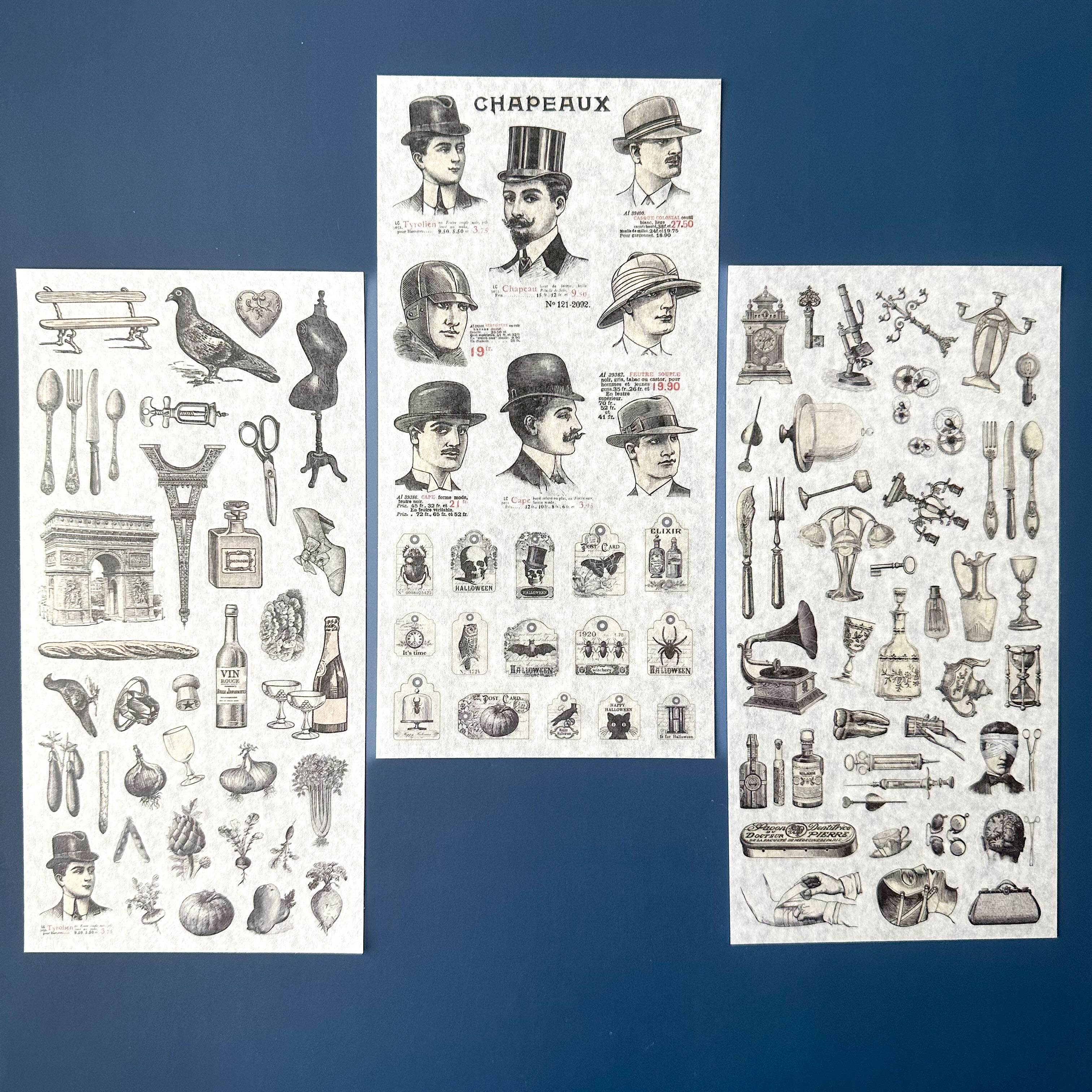 Three sheets of vintage-style illustrations on a blue background