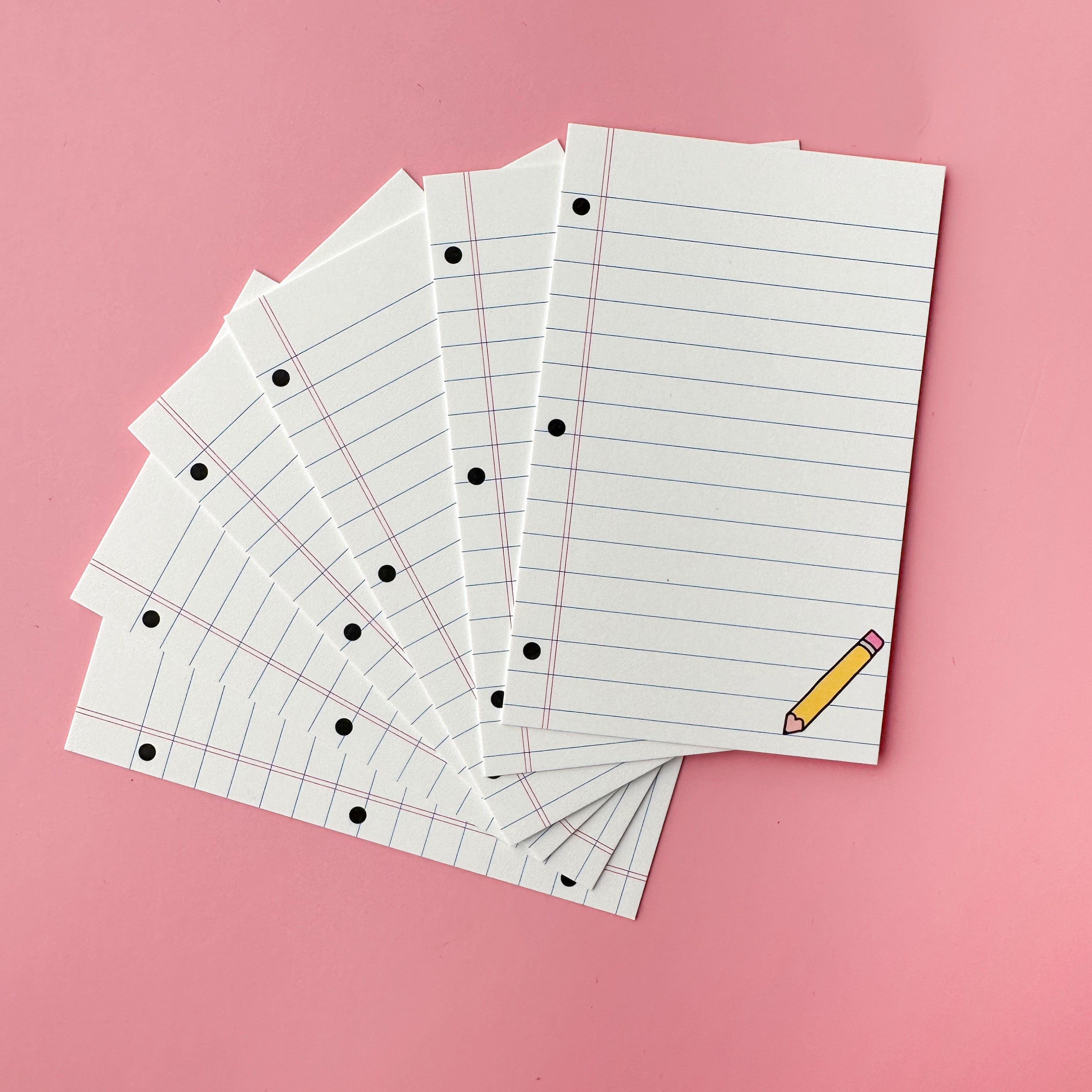 Mini School Paper & Pencil Notecards with a playful classroom-inspired design of lined paper and pencils, perfect for quick notes, thank-yous, or teacher gifts. Fun and nostalgic stationery.