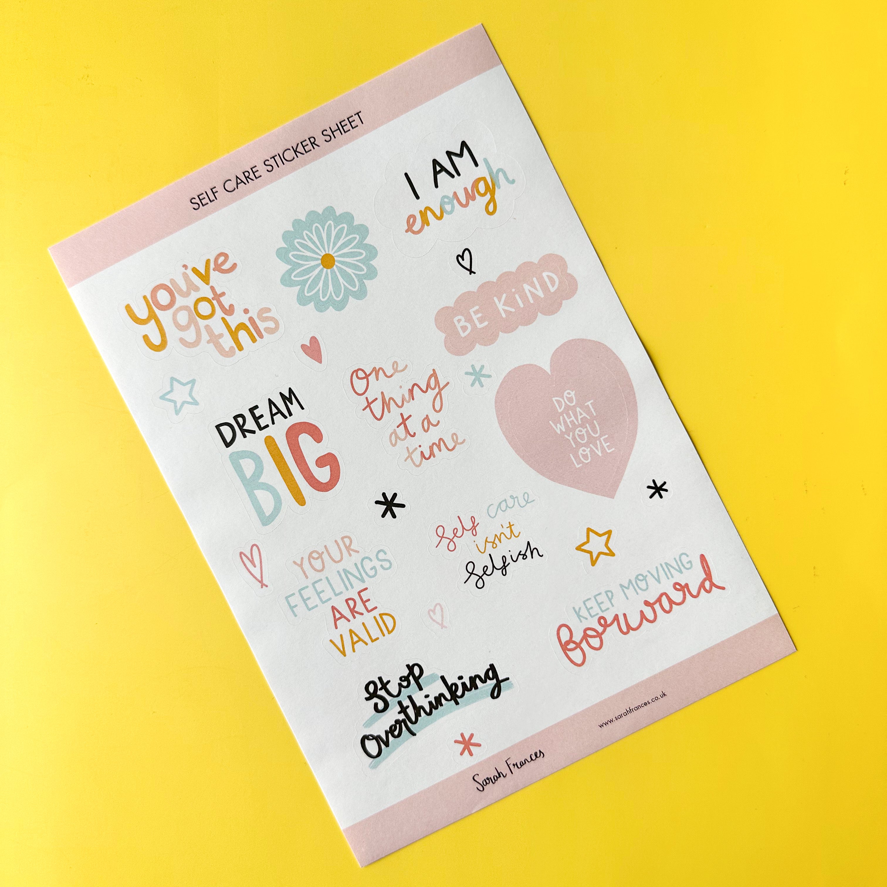 Prioritize self-care with our Self Care Sticker Sheet, featuring a variety of self-care-related stickers. Ideal for adding a reminder to nurture your well-being in your planner or journal. These stickers are from Sarah Frances and sold at BBB Supplies Craft Shop.