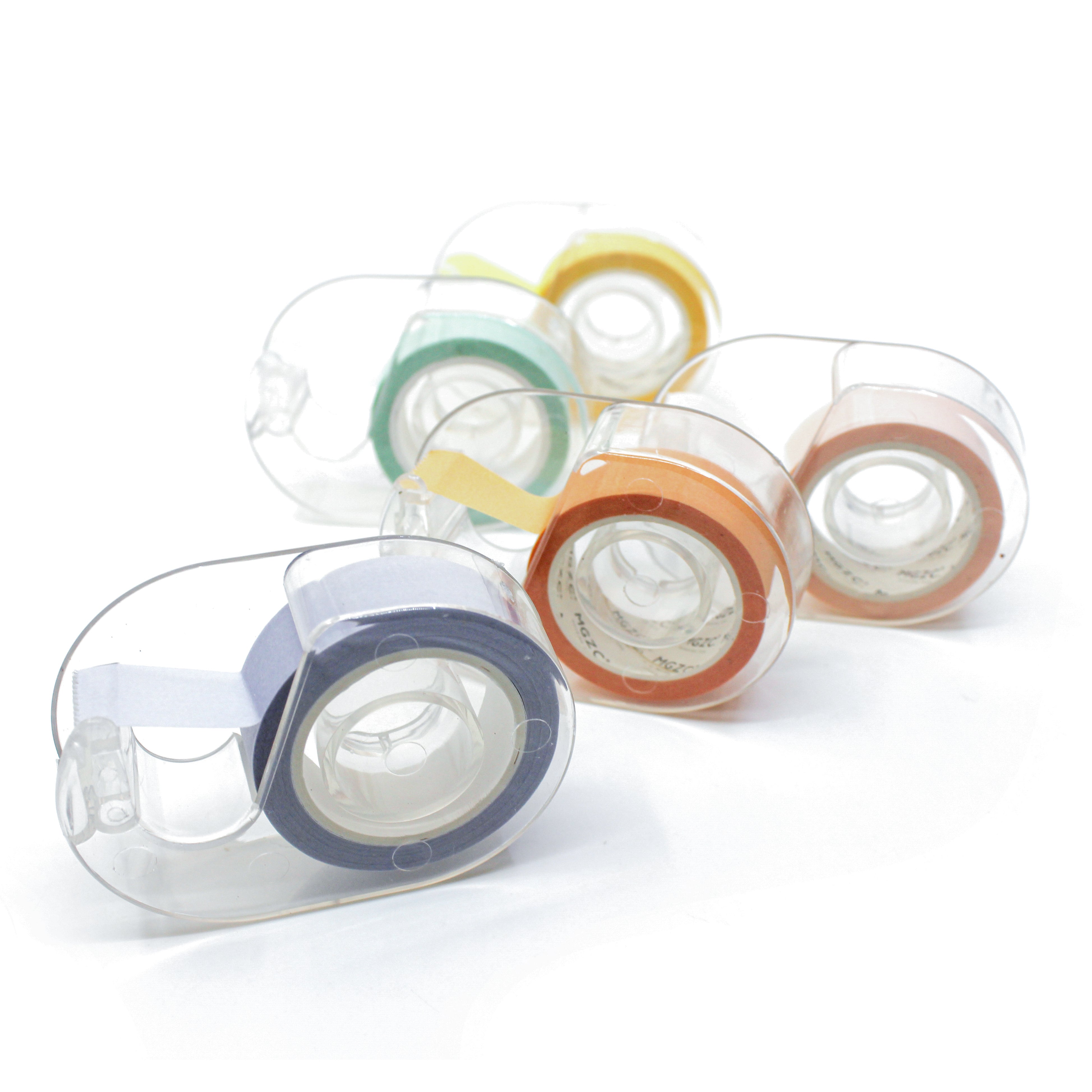 Compact plastic dispenser holding one colorful washi tape roll
