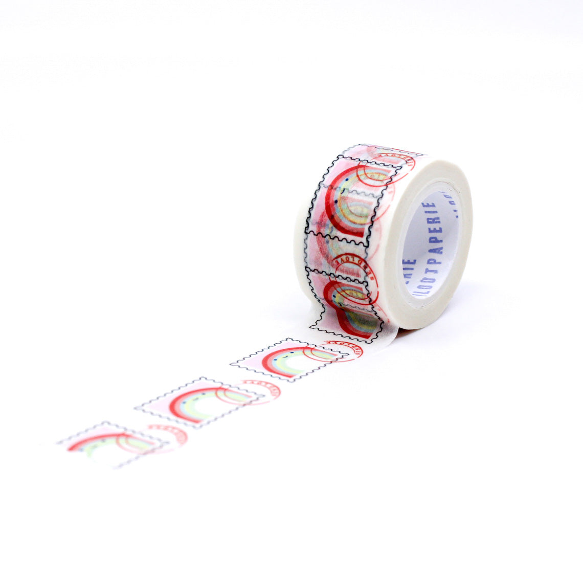 "Rainbow Stamp Snail Mail Washi Tape" features vibrant, multi-colored stamp designs against a crisp background, ideal for brightening up letters, packages, and creative projects with a fun, postal theme.