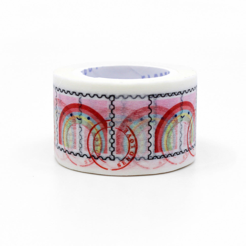"Rainbow Stamp Snail Mail Washi Tape" features vibrant, multi-colored stamp designs against a crisp background, ideal for brightening up letters, packages, and creative projects with a fun, postal theme.