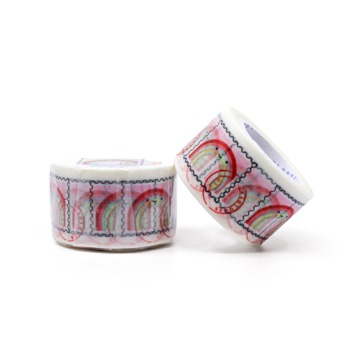 "Rainbow Stamp Snail Mail Washi Tape" features vibrant, multi-colored stamp designs against a crisp background, ideal for brightening up letters, packages, and creative projects with a fun, postal theme.