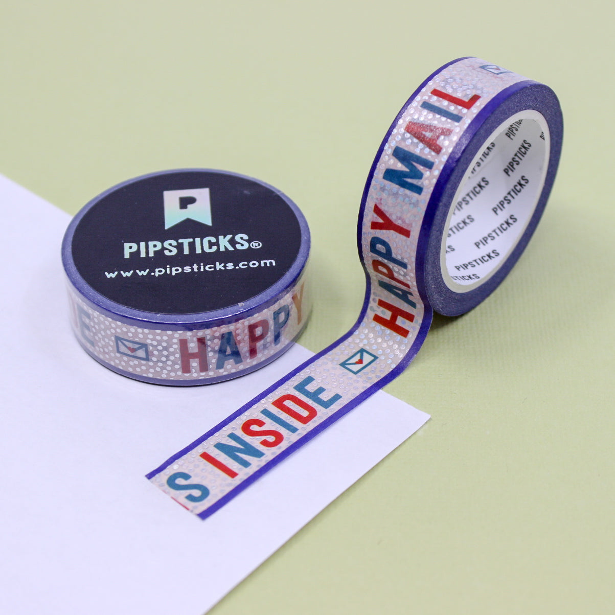 Silver foil “Happy Mail Inside” washi tape on white background