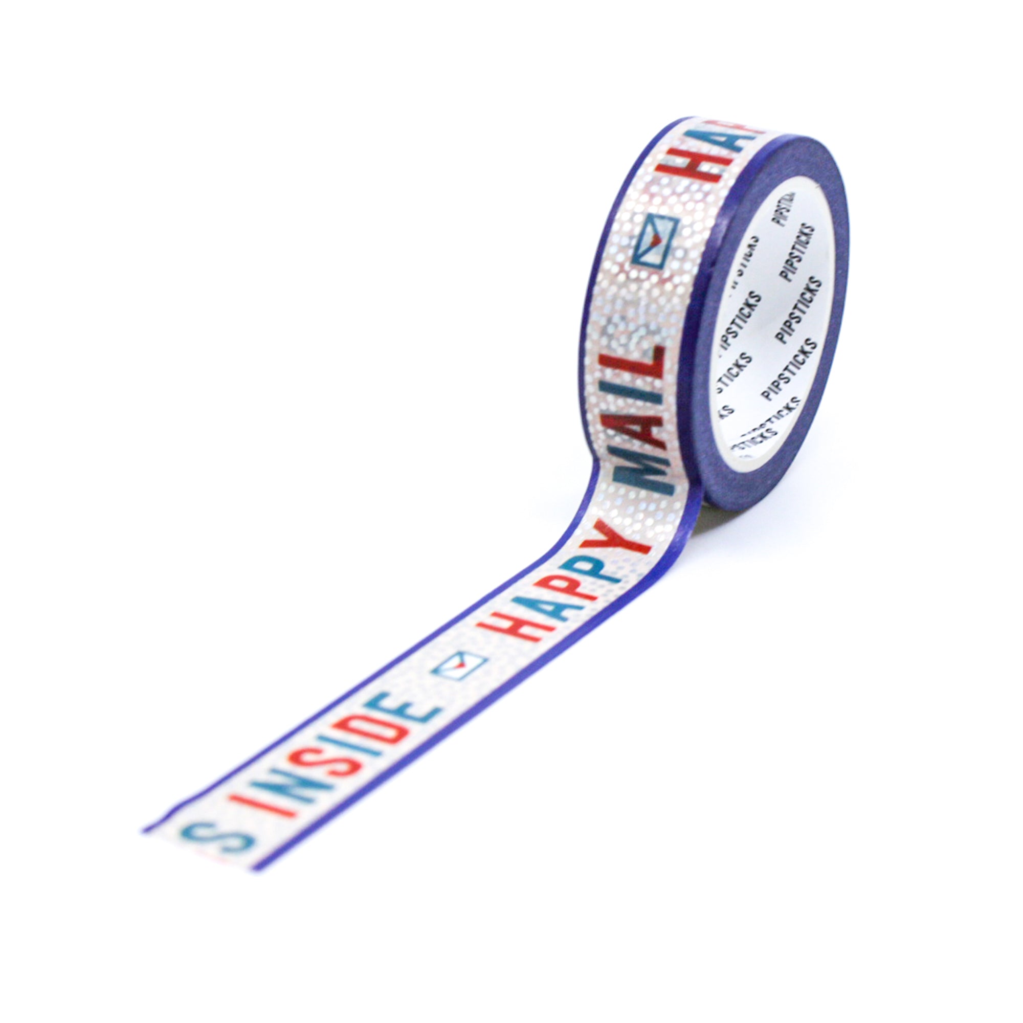 Close-up of silver lettering on decorative washi tape for envelopes