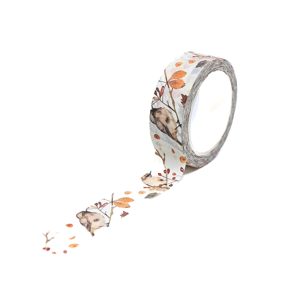 Washi tape featuring sparrows perched on autumn branches with vibrant fall leaves in shades of orange, red, and gold.
