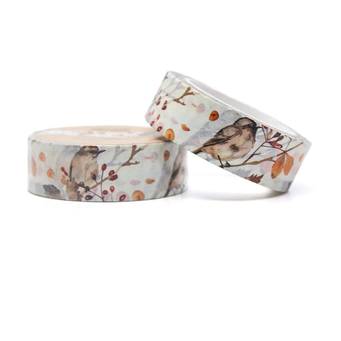 Washi tape featuring sparrows perched on autumn branches with vibrant fall leaves in shades of orange, red, and gold.