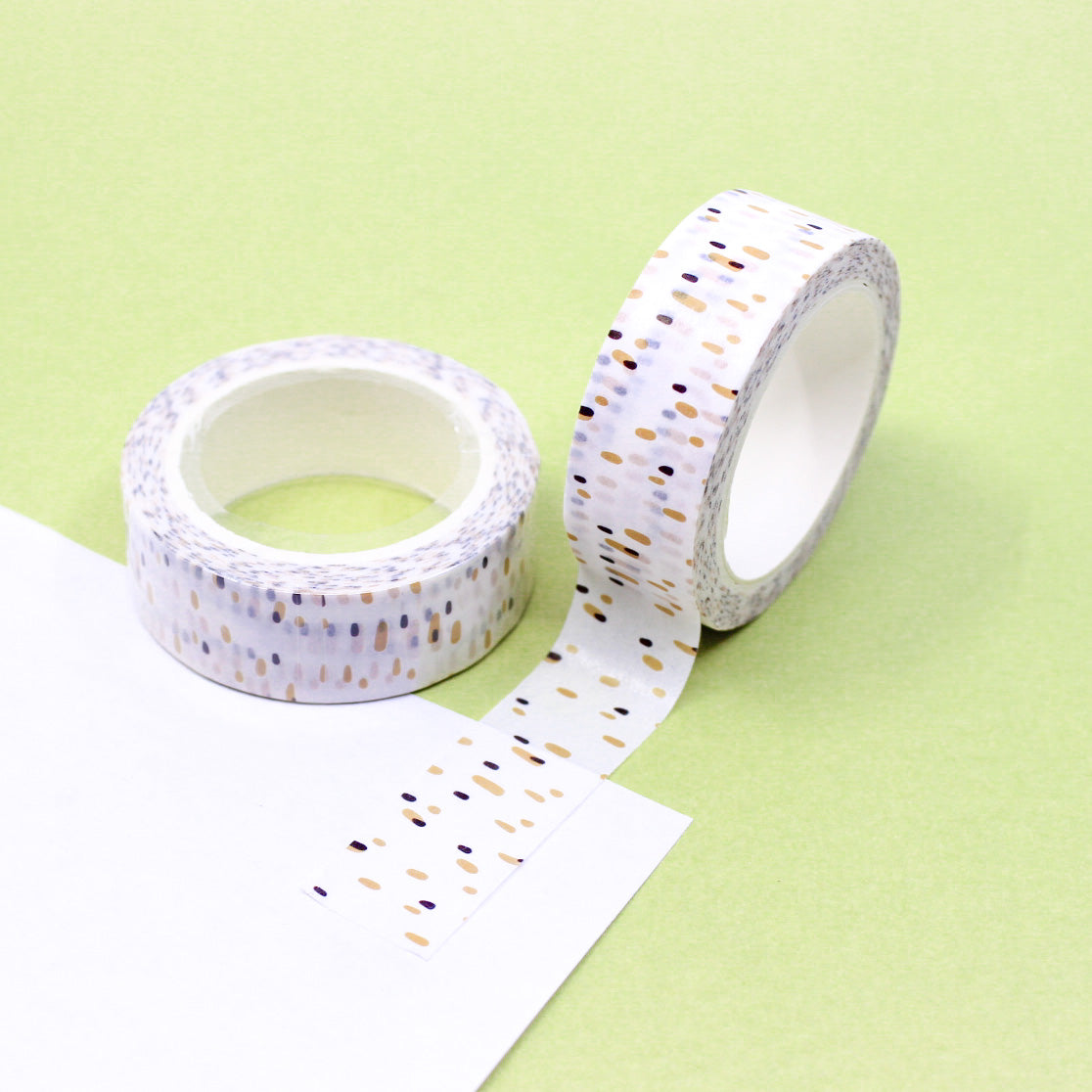 This washi tape features a delightful speckled and dotted pattern in spring-inspired colors, adding a fun and vibrant touch to your crafts and projects. This tape is sold at BBB Supplies Craft Shop.