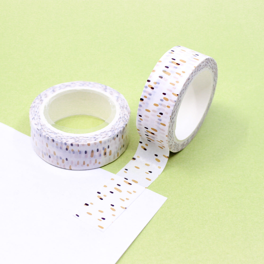 This washi tape features a delightful speckled and dotted pattern in spring-inspired colors, adding a fun and vibrant touch to your crafts and projects. This tape is sold at BBB Supplies Craft Shop.