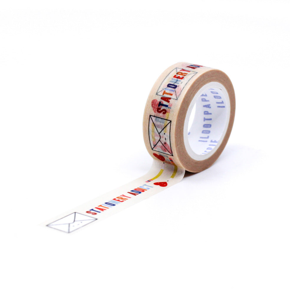 "Beige Stationery Addict Washi" showcases a delightful assortment of stationery-themed designs on a soft beige background, perfect for adding a touch of creativity and elegance to your planners, journals, and craft projects.