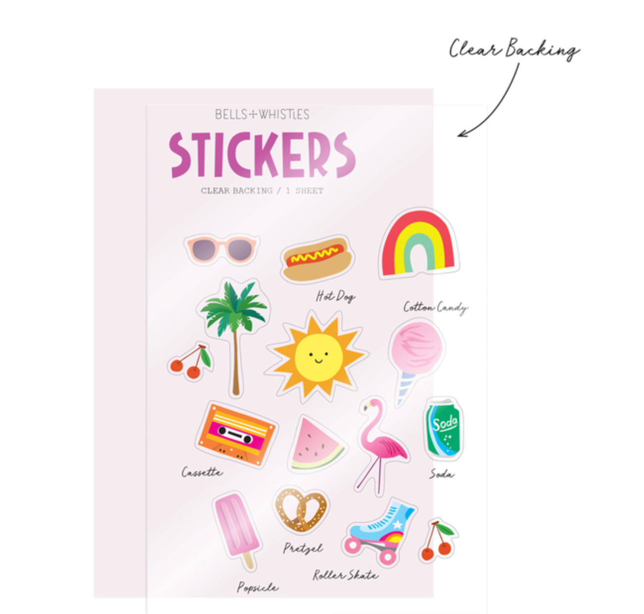 Beach vacation sticker sheet featuring seashells, tropical drinks, and summer icons.