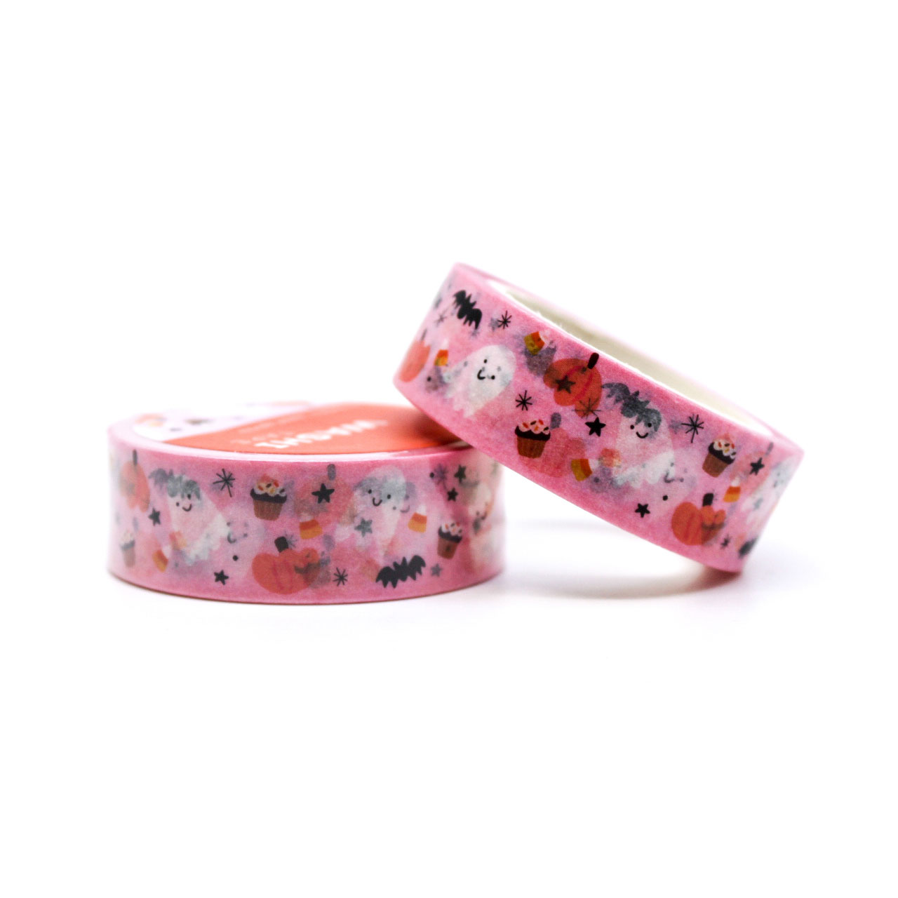 Sweet Spirits Friendly Ghost Washi Tape featuring adorable smiling ghosts, bats, and pumpkins on a colorful background, perfect for Halloween-themed crafting and decorating.