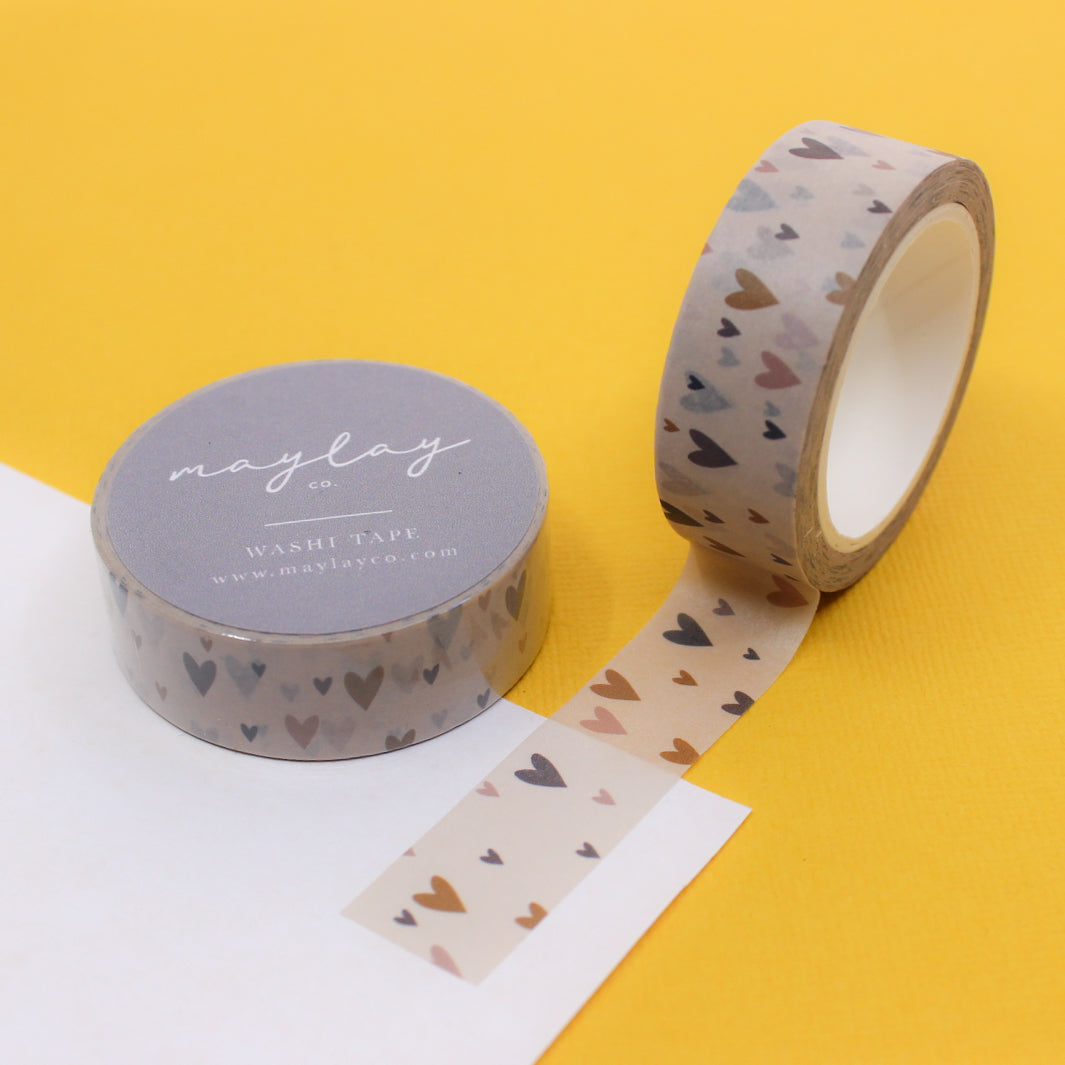  Tiny Little Hearts Washi Tape featuring a pattern of small hearts in a repeating design, ideal for adding a sweet touch to your crafting projects and designs. This washi is from Maylay co and sold at BBB Supplies Craft Shop.