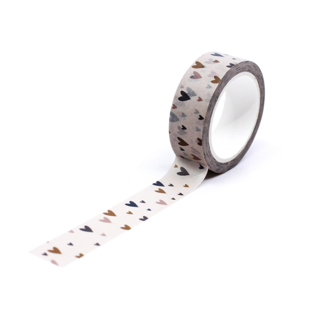 Tiny Little Hearts Washi Tape featuring a pattern of small hearts in a repeating design, ideal for adding a sweet touch to your crafting projects and designs. This washi is from Maylay co and sold at BBB Supplies Craft Shop.