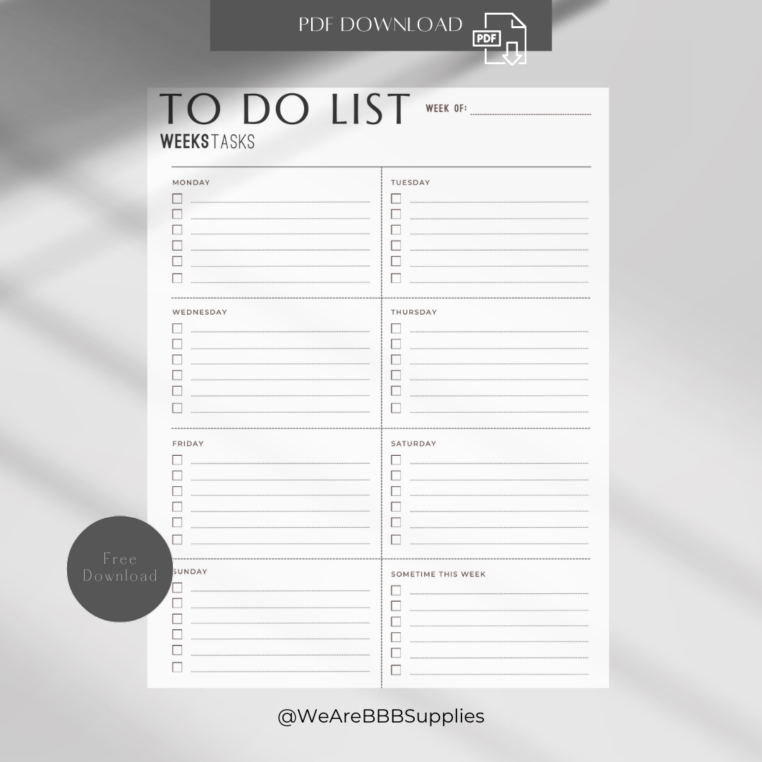 This is our free January download. It is a free weekly task to-do list to help get your organized in the new year. This printable is free from BBB Supplies Craft Shop.