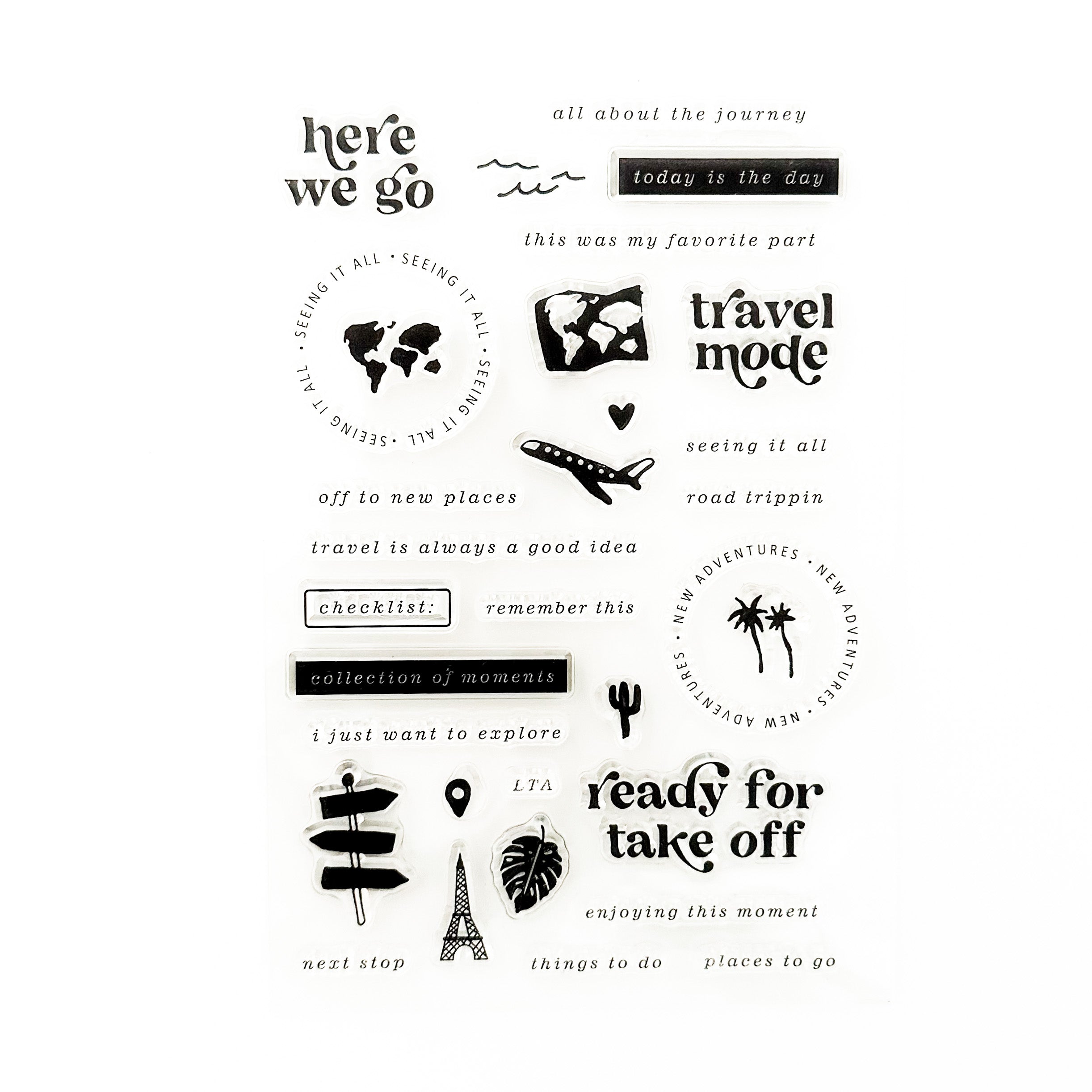  "Here We Go" Travel Journal Stamps: Capture your adventures with these charming travel-themed stamps. Featuring whimsical illustrations of suitcases, planes, and maps, these stamps are perfect for adding a touch of wanderlust to your travel journal. Whether you're documenting a road trip or a globe-trotting adventure, these stamps are a fun and creative way to preserve your memories. These stamps are sold at BBB Supplies Craft Shop.