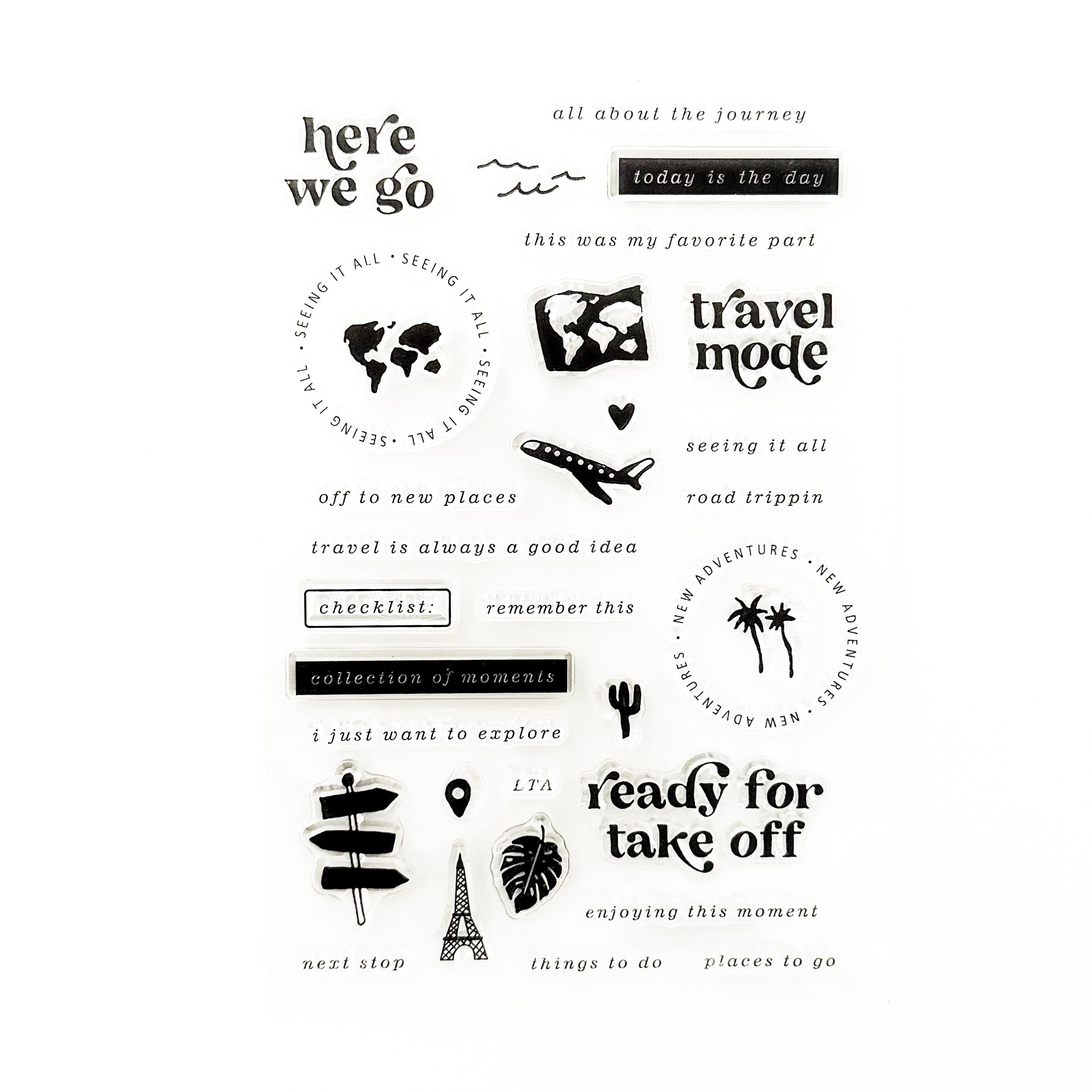 "Here We Go" Travel Journal Stamps: Capture your adventures with these charming travel-themed stamps. Featuring whimsical illustrations of suitcases, planes, and maps, these stamps are perfect for adding a touch of wanderlust to your travel journal. Whether you're documenting a road trip or a globe-trotting adventure, these stamps are a fun and creative way to preserve your memories. These stamps are sold at BBB Supplies Craft Shop.
