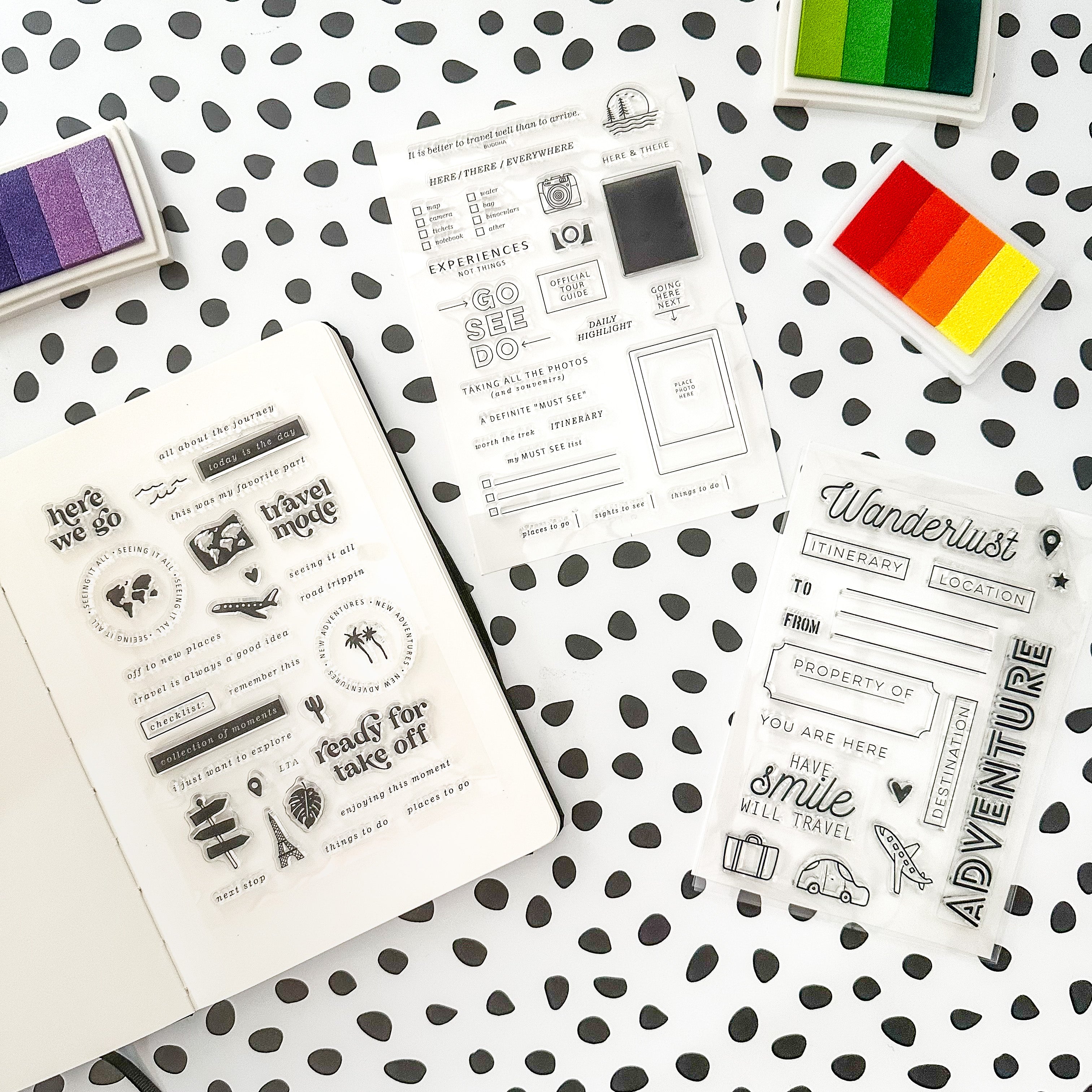 "Here We Go" Travel Journal Stamps: Capture your adventures with these charming travel-themed stamps. Featuring whimsical illustrations of suitcases, planes, and maps, these stamps are perfect for adding a touch of wanderlust to your travel journal. Whether you're documenting a road trip or a globe-trotting adventure, these stamps are a fun and creative way to preserve your memories. These stamps are sold at BBB Supplies Craft Shop.