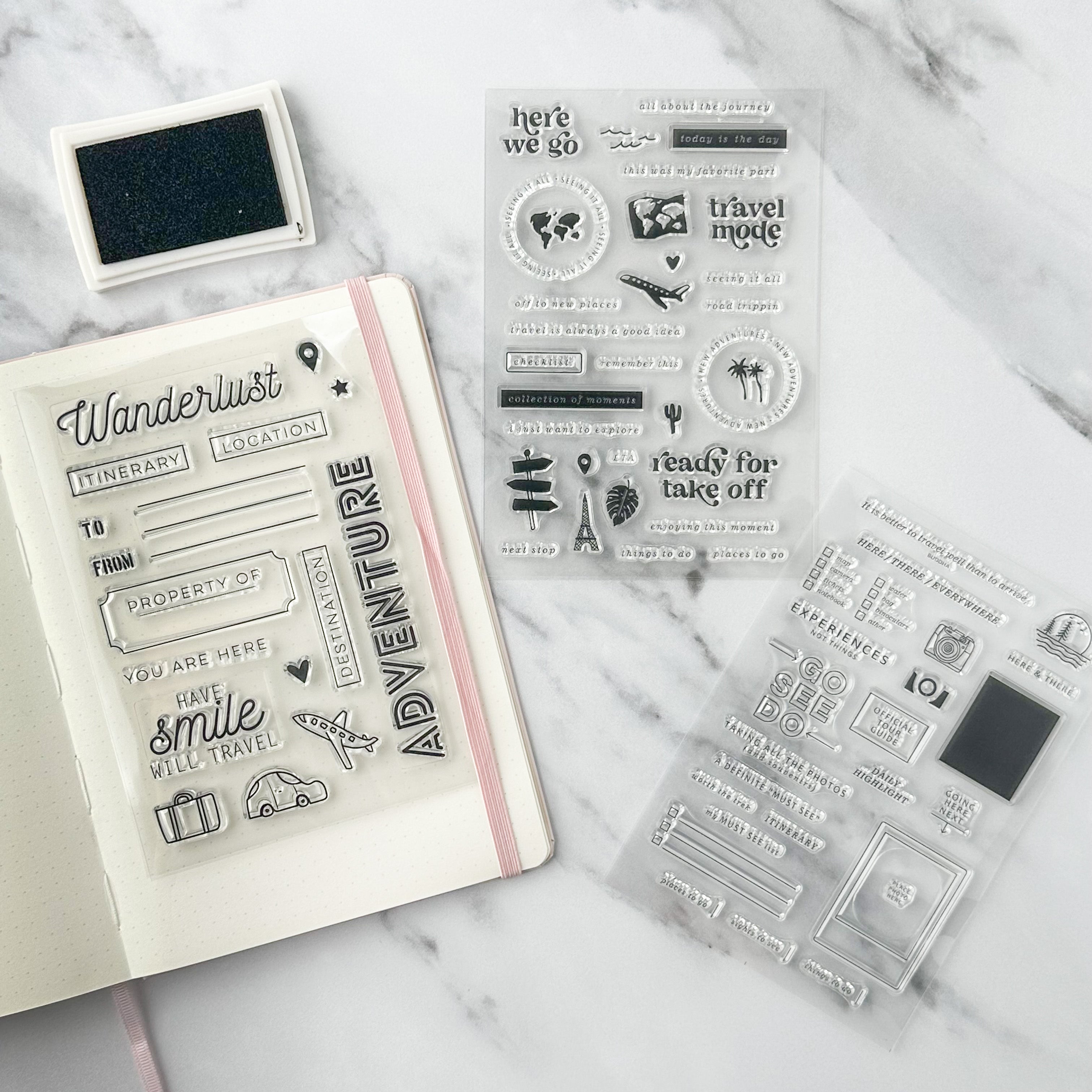 "Here We Go" Travel Journal Stamps: Capture your adventures with these charming travel-themed stamps. Featuring whimsical illustrations of suitcases, planes, and maps, these stamps are perfect for adding a touch of wanderlust to your travel journal. Whether you're documenting a road trip or a globe-trotting adventure, these stamps are a fun and creative way to preserve your memories. These stamps are sold at BBB Supplies Craft Shop.