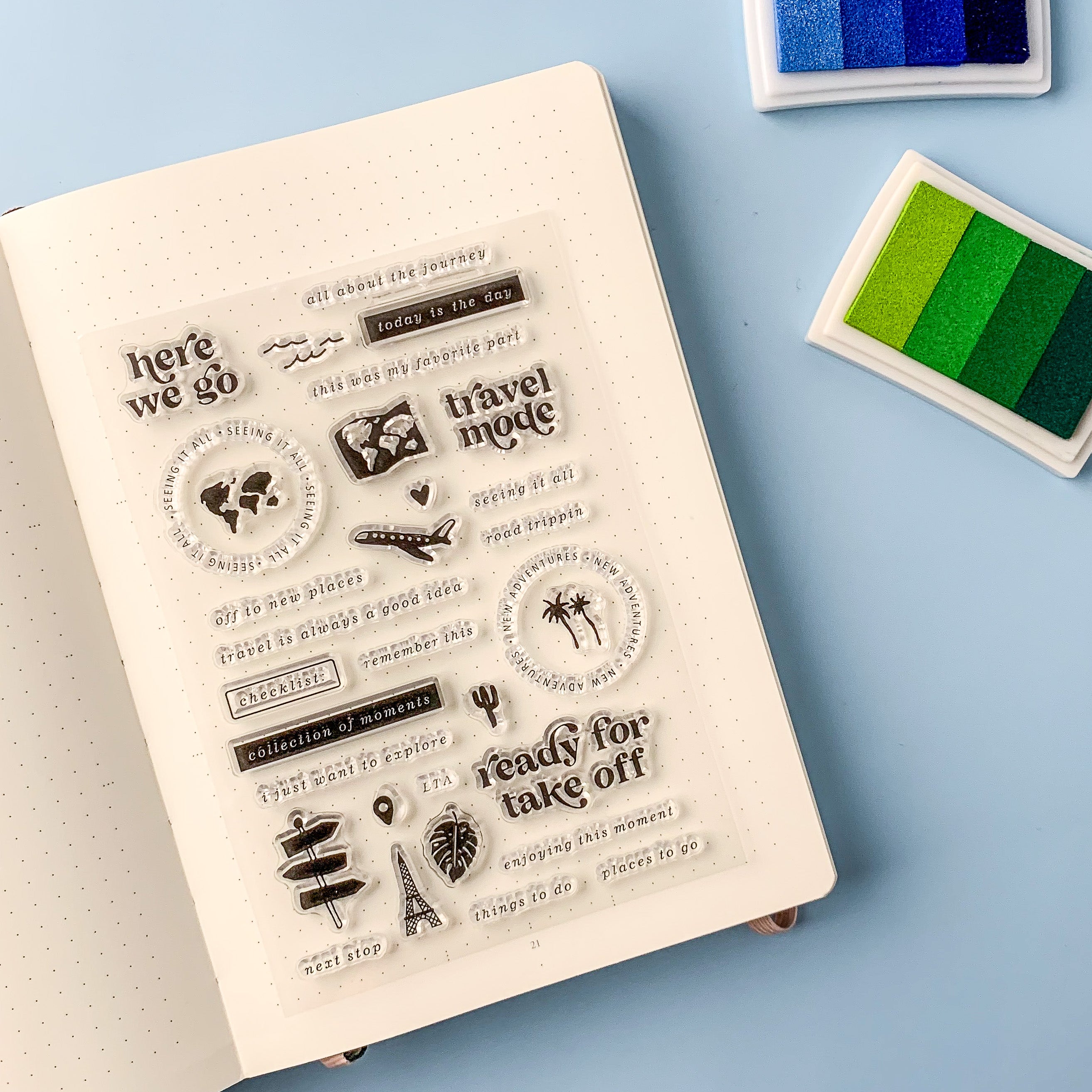 "Here We Go" Travel Journal Stamps: Capture your adventures with these charming travel-themed stamps. Featuring whimsical illustrations of suitcases, planes, and maps, these stamps are perfect for adding a touch of wanderlust to your travel journal. Whether you're documenting a road trip or a globe-trotting adventure, these stamps are a fun and creative way to preserve your memories. These stamps are sold at BBB Supplies Craft Shop.