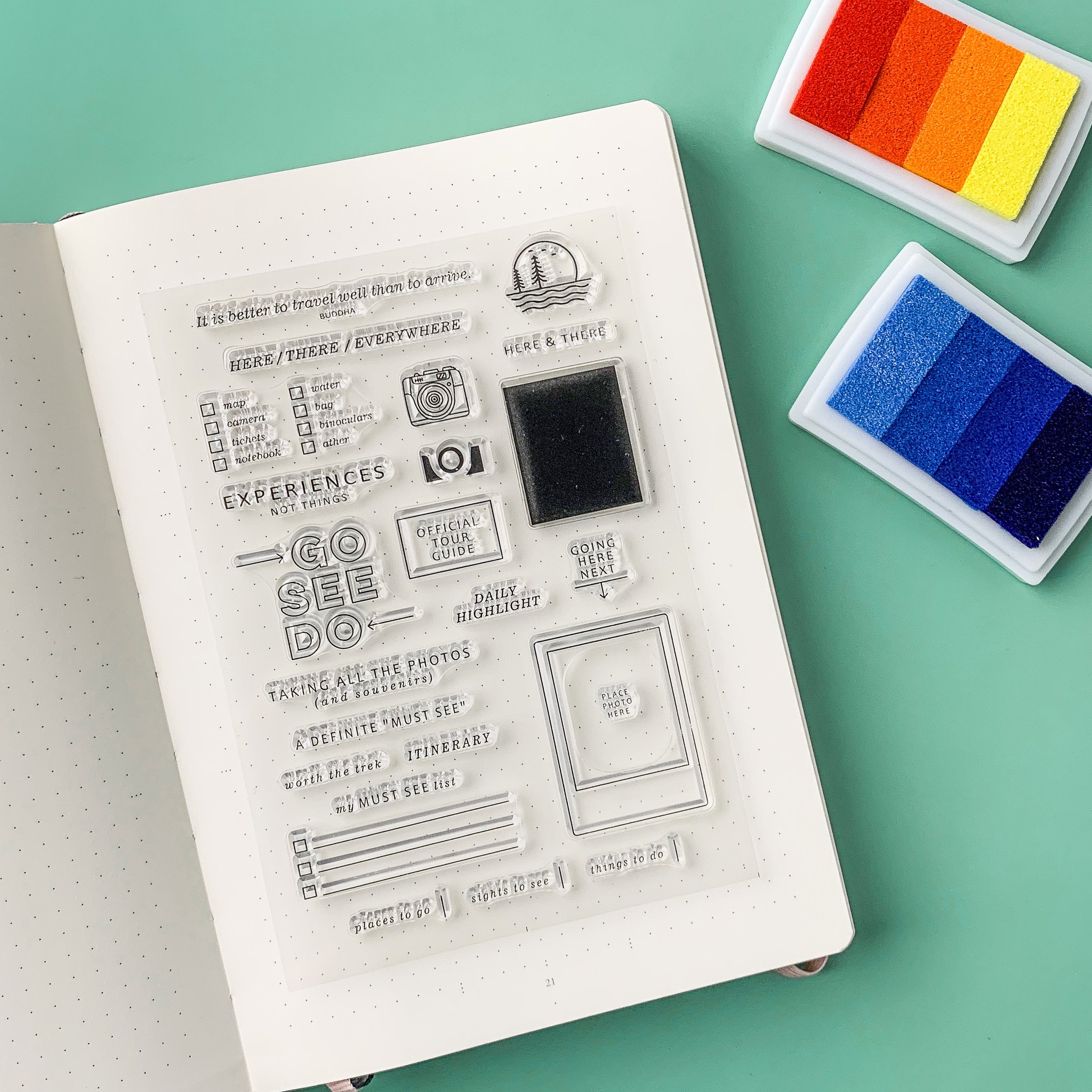 Bring your travel memories to life with these fun and versatile stamps. Featuring camera icons, travel hashtags, and photo frames, these stamps are perfect for documenting your adventures in style. Whether you're creating a travel scrapbook or adding flair to your travel journal, these stamps are sure to add a touch of creativity to your pages. These stamps are from BBB Supplies Craft Shop.