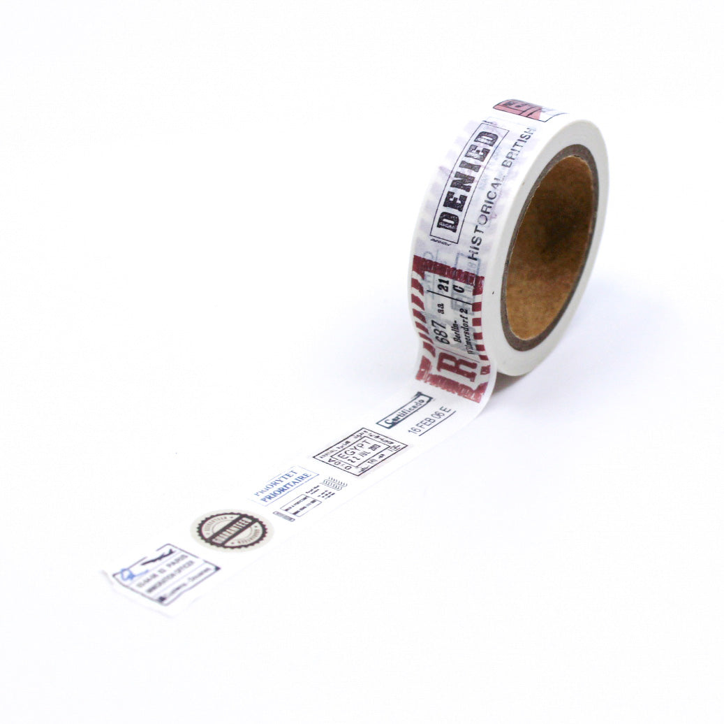 Passport Travel Stamps Washi Tape featuring a collage of vintage passport stamps from around the world, perfect for globetrotters. This tape is sold at BBB Supplies Craft Shop.