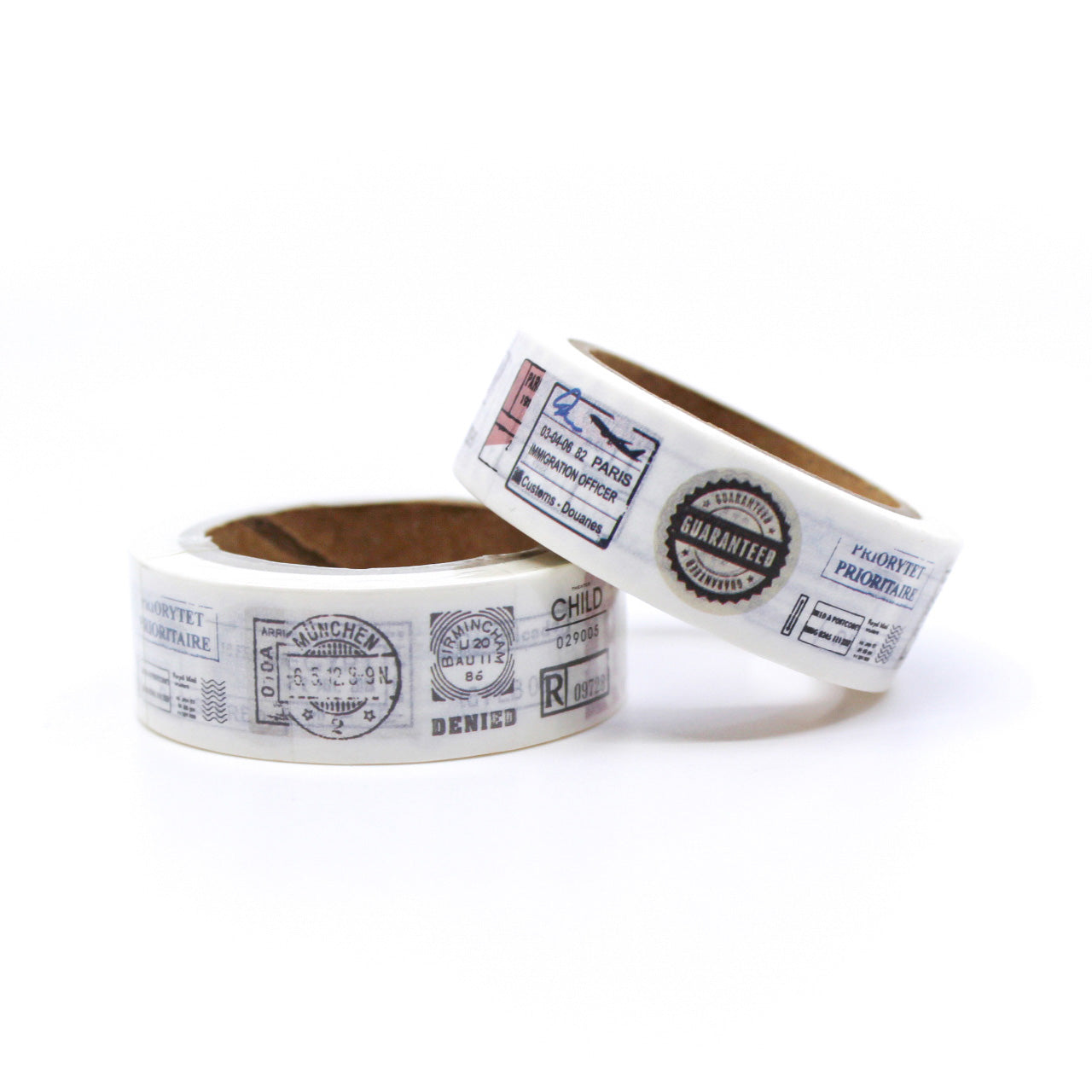Passport Travel Stamps Washi Tape featuring a collage of vintage passport stamps from around the world, perfect for globetrotters. This tape is sold at BBB Supplies Craft Shop.