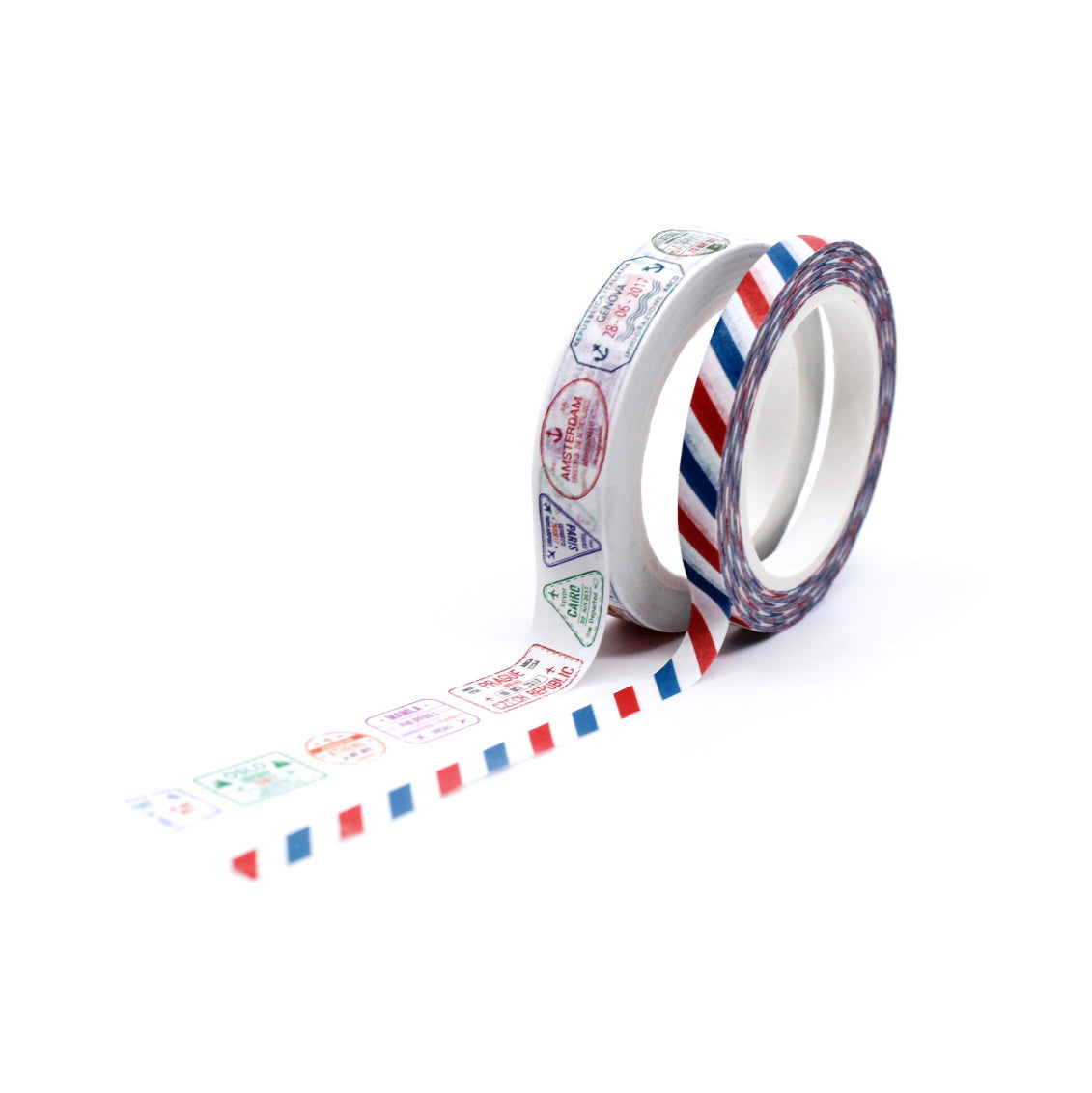 "Air Mail Stamps and Strips Washi Set" offers a charming collection of vintage-inspired airmail designs, featuring classic stamps and striped patterns. Ideal for adding a touch of nostalgic travel flair to your letters, planners, and creative projects.