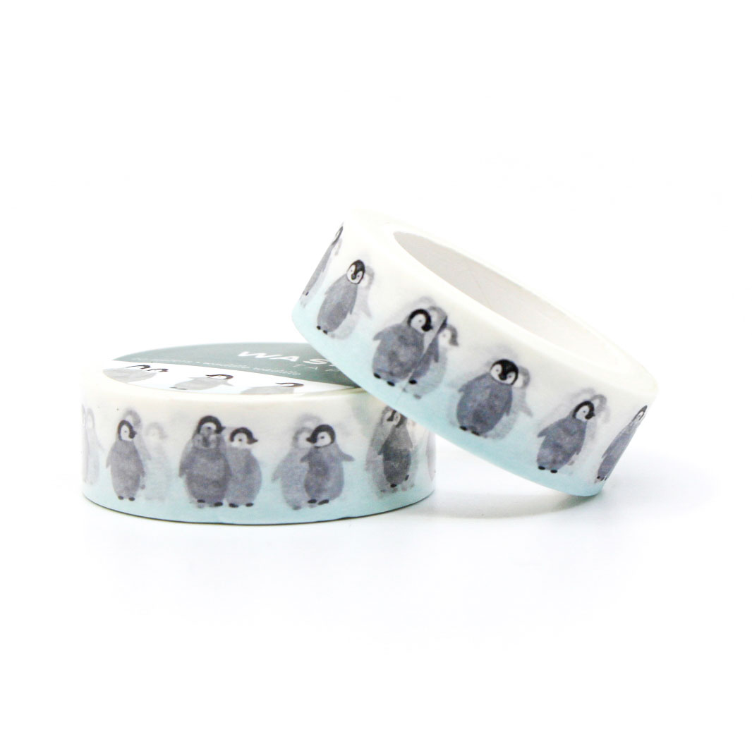 Two rolls of washi tape with Cute animal washi tape with fluffy grey penguins — perfect for planners and scrapbooks.