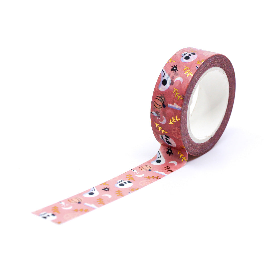 Brighten up Halloween with our Bright Pink Halloween Objects Washi Tape, adorned with a variety of playful Halloween-themed illustrations. Ideal for adding a colorful and festive touch to your projects. This tape is sold at BBB Supplies Craft Shop.